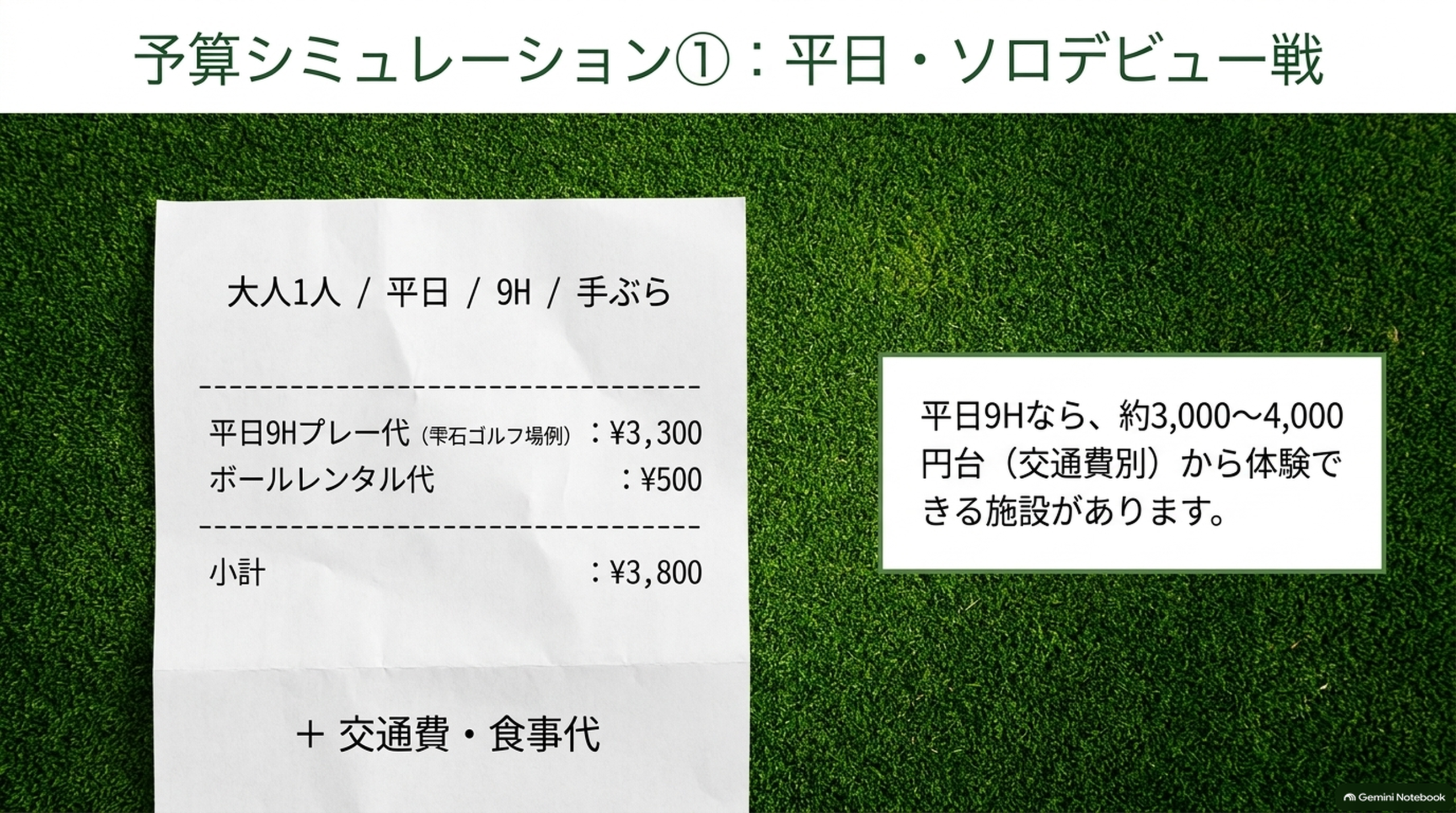 大人1人・平日・9ホール・手ぶらの場合の予算シミュレーション明細画像
