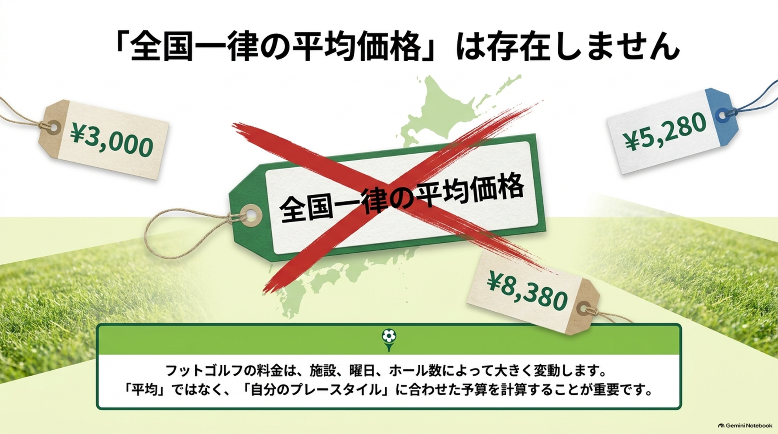フットゴルフに全国一律の平均価格は存在しないことを、施設ごとに異なる値札で示した図