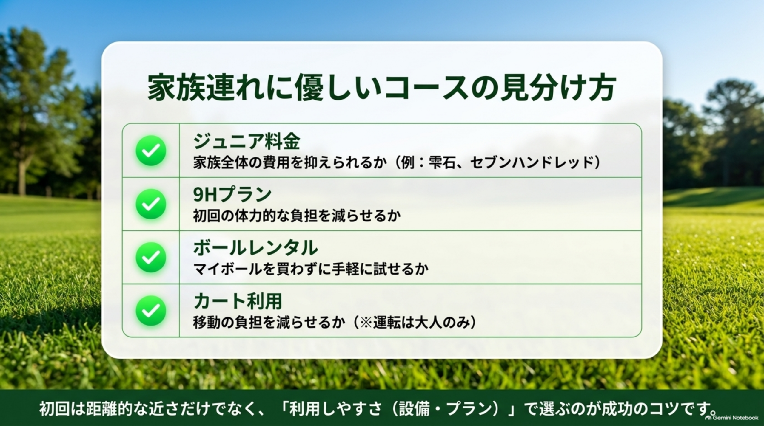 ジュニア料金、9Hプラン、ボールレンタル、カート利用という家族連れに優しいコースの見分け方を示した図