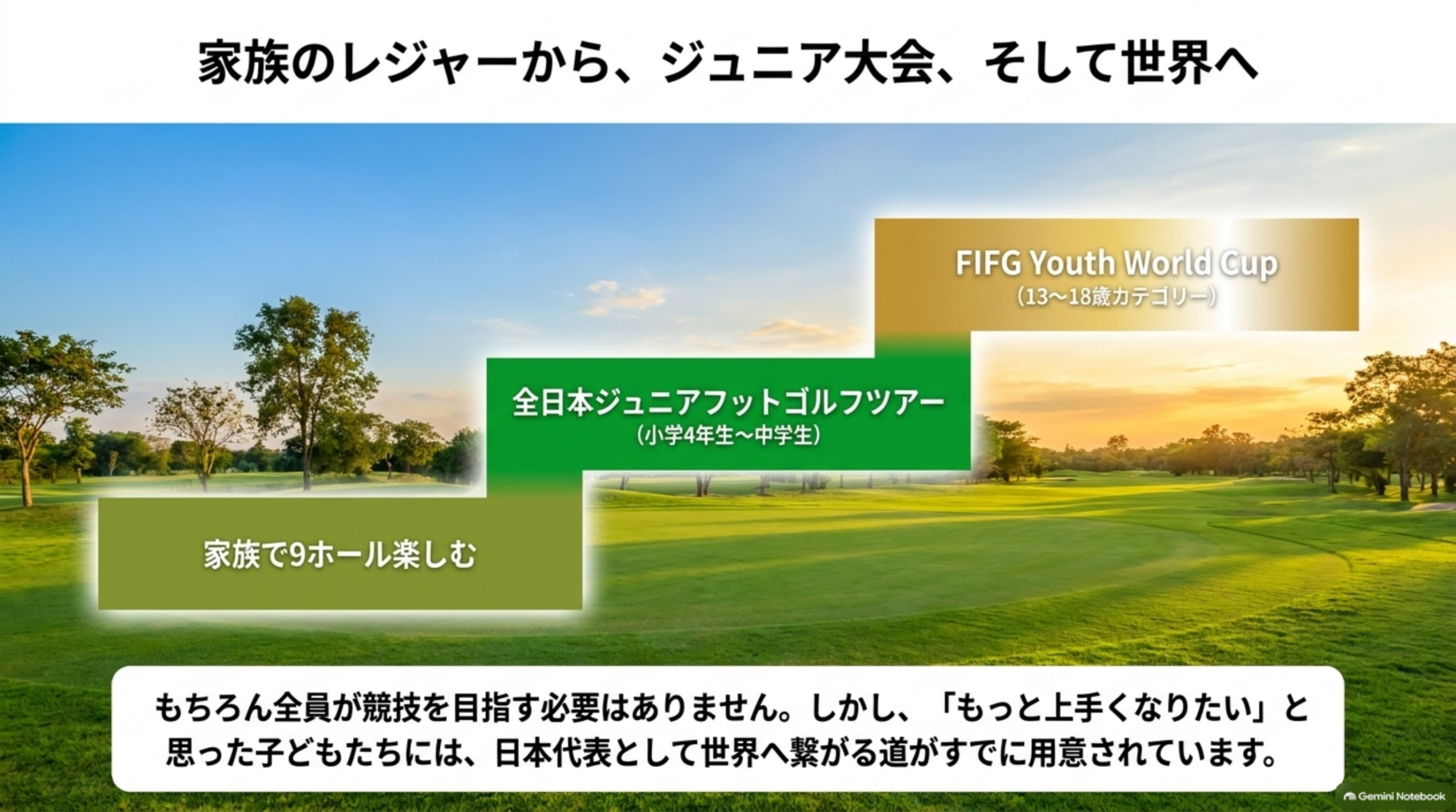 家族で9ホール、全日本ジュニアフットゴルフツアー、FIFG Youth World Cupという段階を示した図