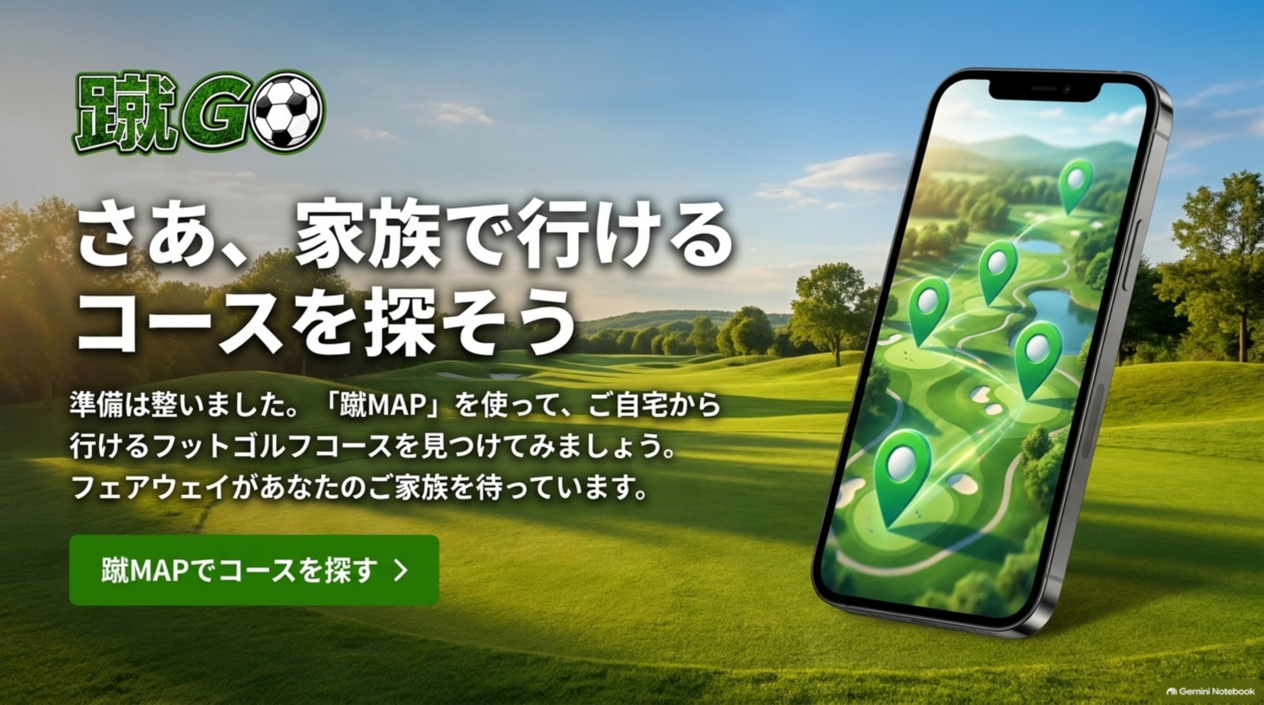 蹴MAPで家族で行けるフットゴルフコースを探そうと案内する蹴GOのバナー画像