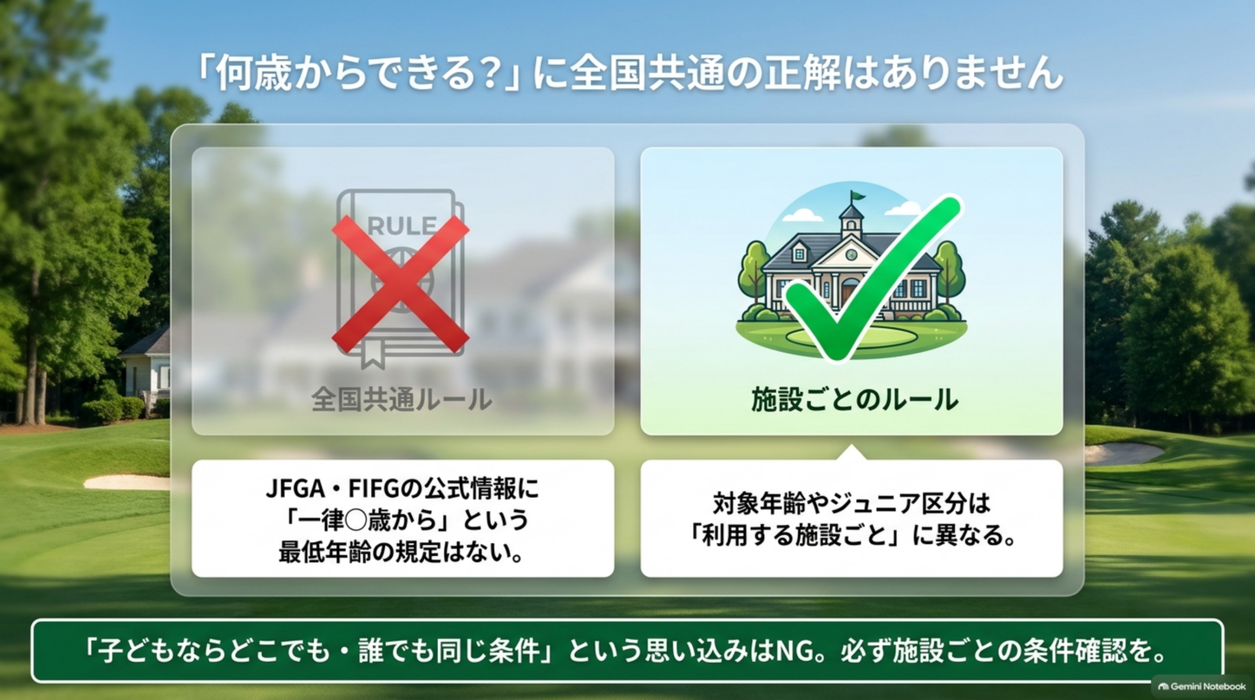 全国共通ルールとして最低年齢の規定はなく、対象年齢やジュニア区分は施設ごとに異なることを示した図
