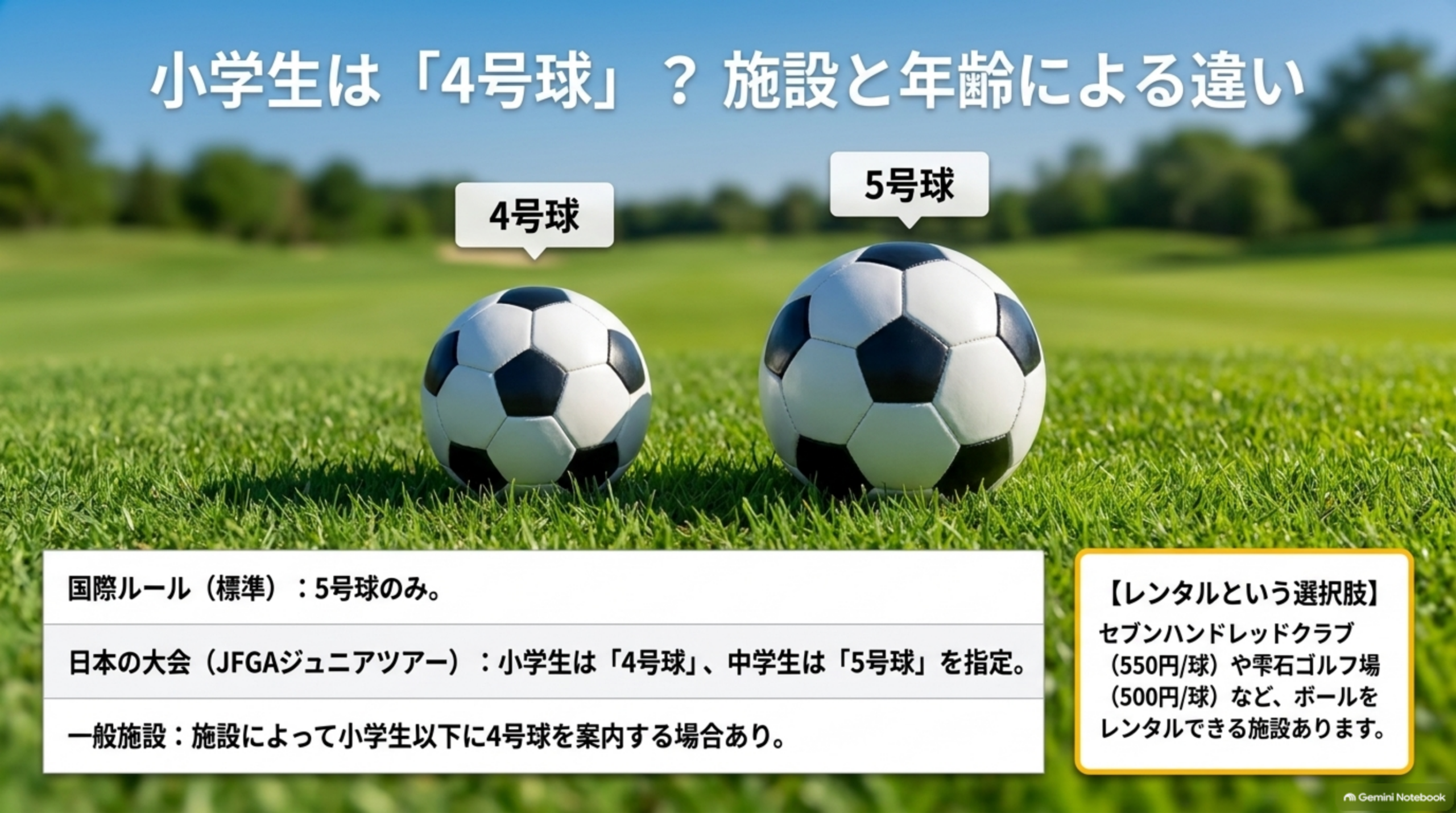 芝の上に並んだ4号球と5号球のサッカーボール。国際ルールは5号球、日本のジュニア大会は小学生4号球・中学生5号球と示した図