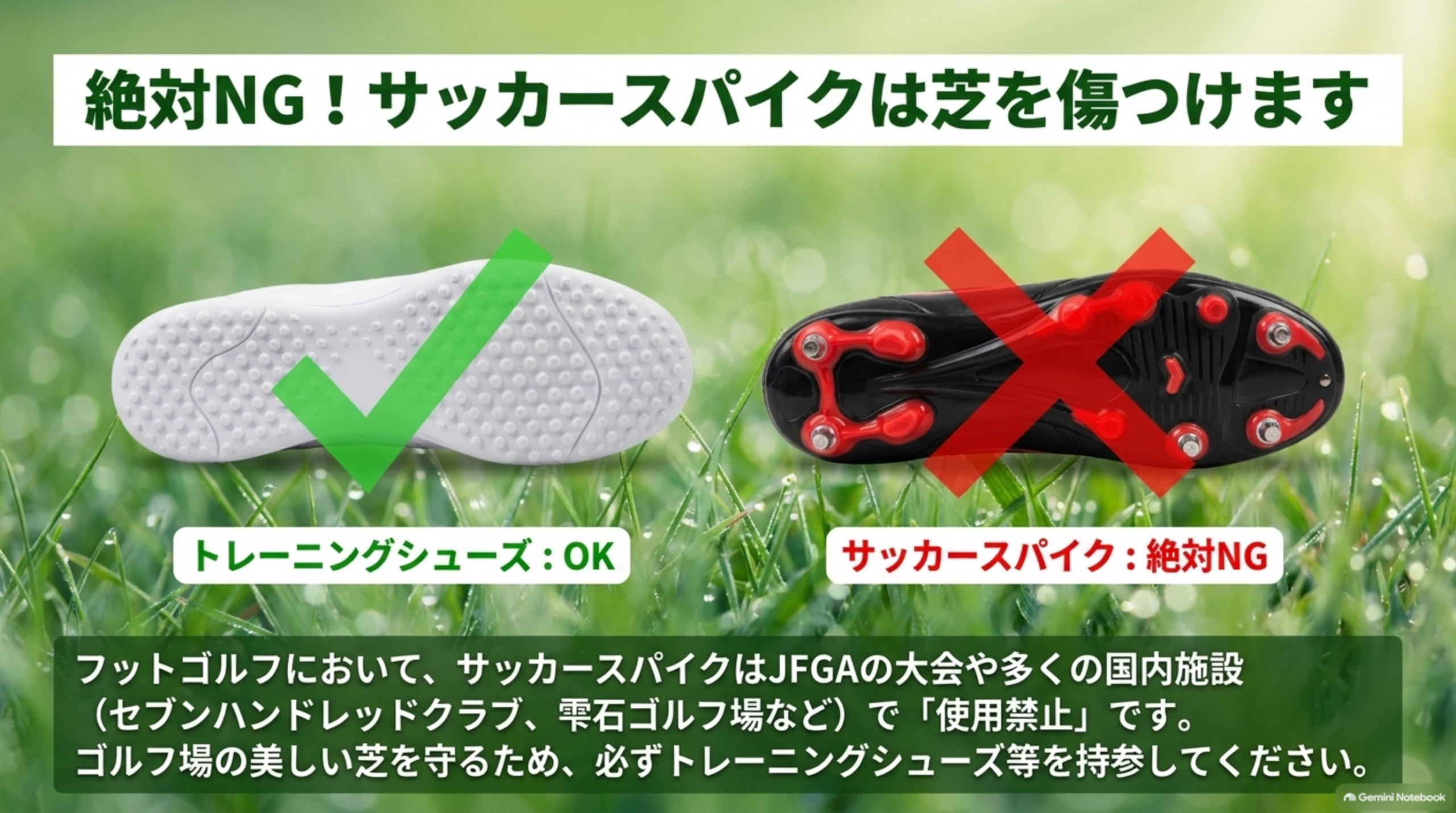 トレーニングシューズは可、サッカースパイクは禁止であることを靴底の比較で示した図