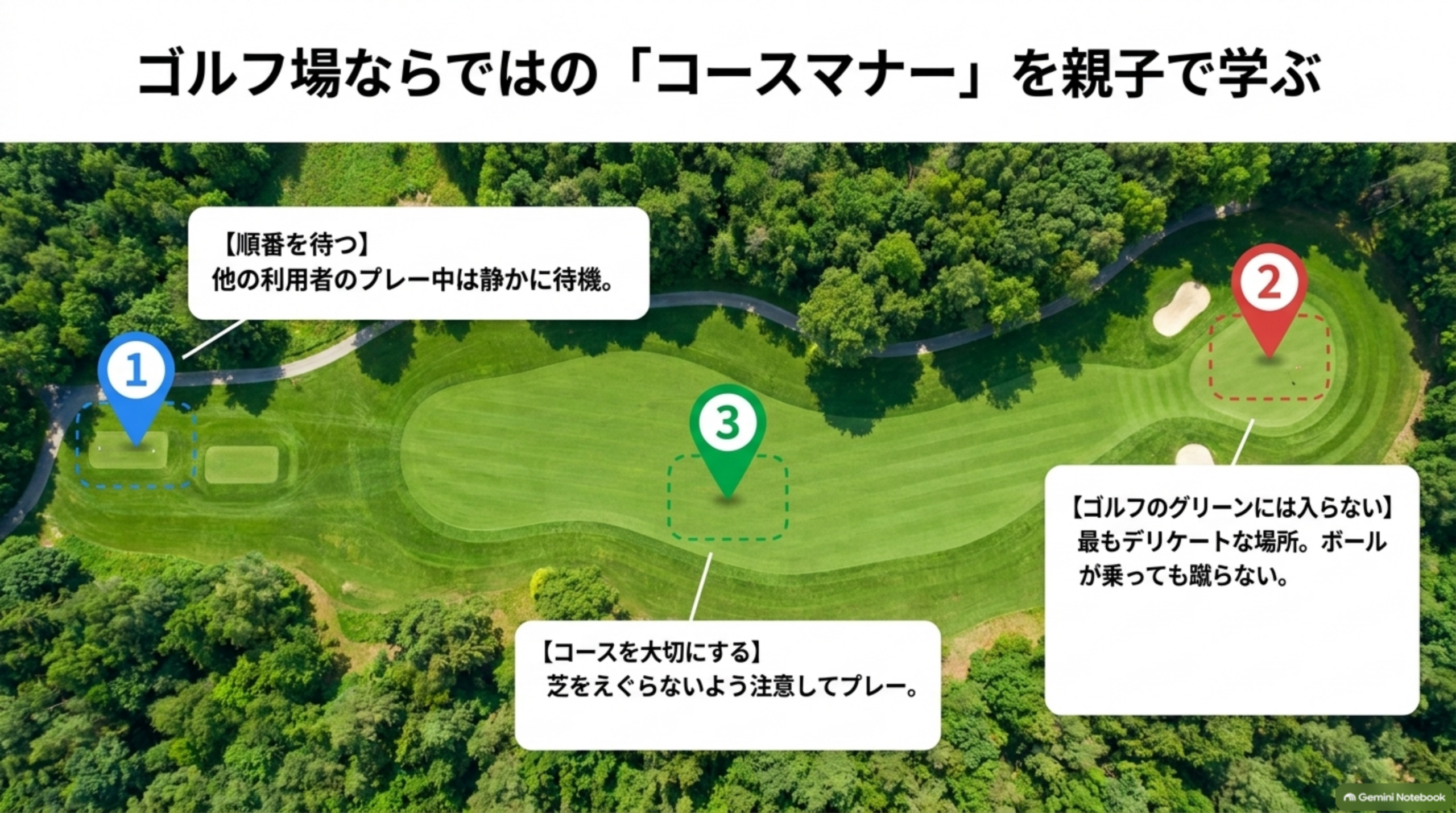 順番を待つ、ゴルフのグリーンには入らない、コースを大切にするという、ゴルフ場でのコースマナーを示した航空写真の図