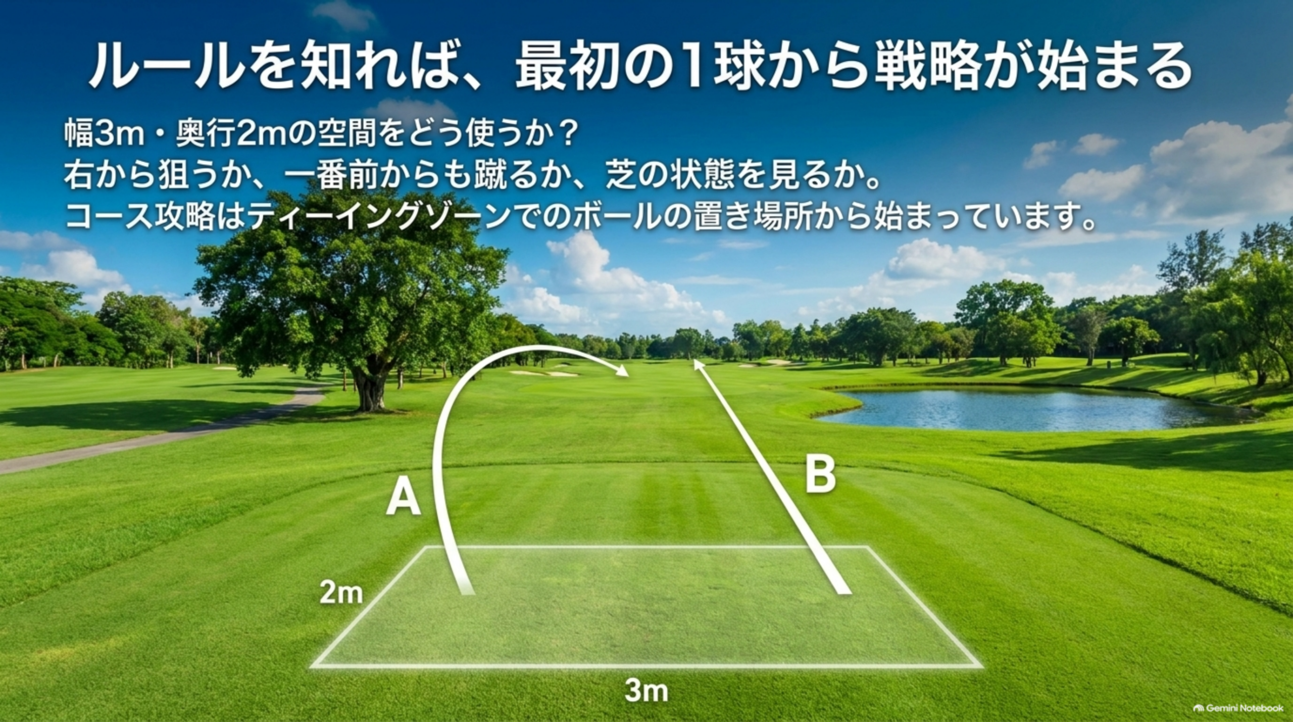 ティーイングゾーン内のボール位置によってコースの狙い方が変わることを示す図。左右どちらから蹴り出すかで攻略ルートが変わる