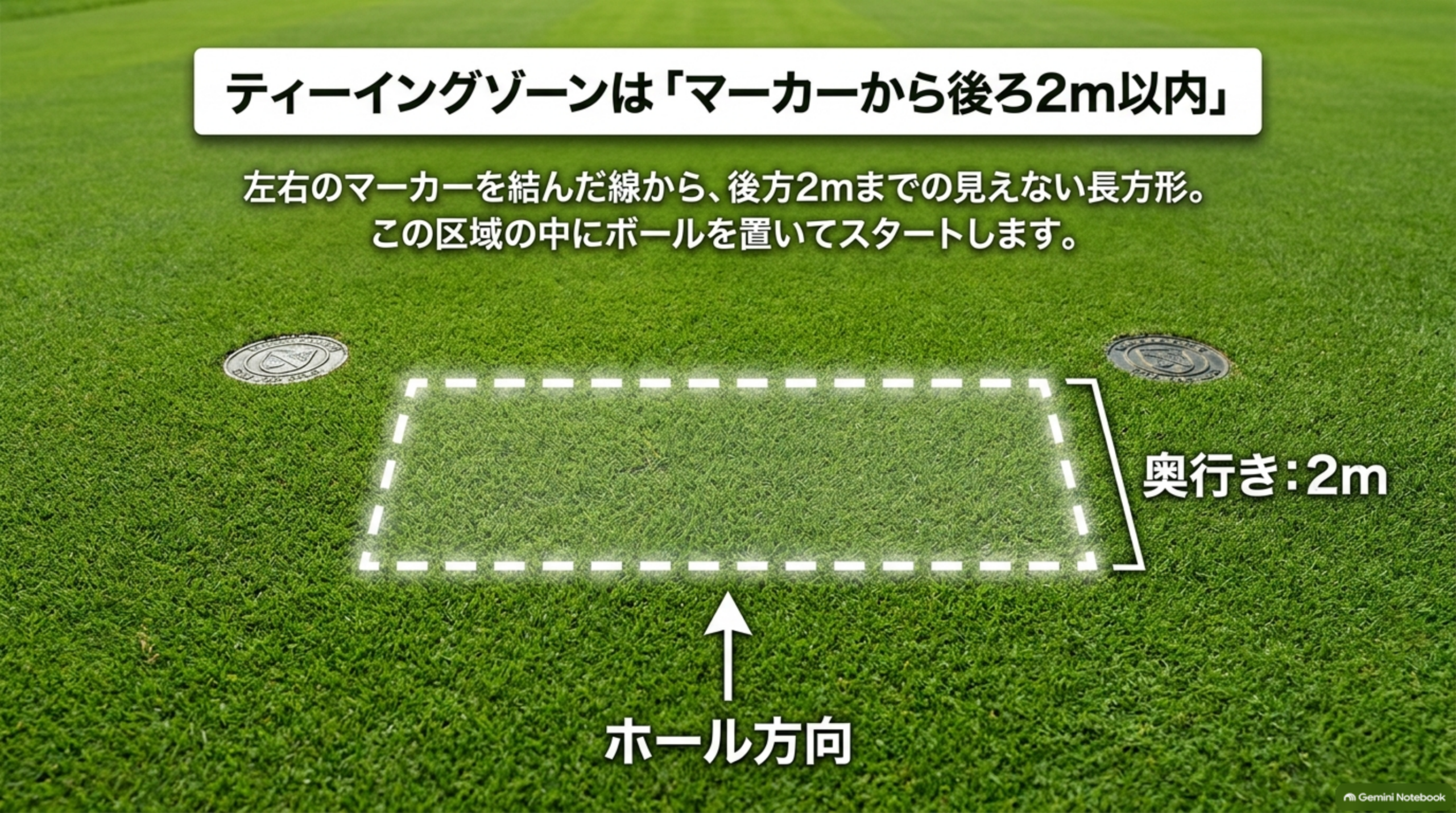 ティーイングゾーンは左右のマーカーを結んだ線から後方2mまでの長方形。この区域の中にボールを置いてスタートする