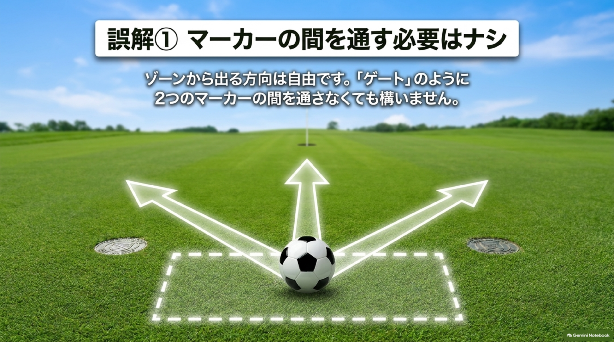 ゾーンから出る方向は自由。2つのマーカーの間を通さず、左右斜め方向へ蹴ってもよいことを示す図