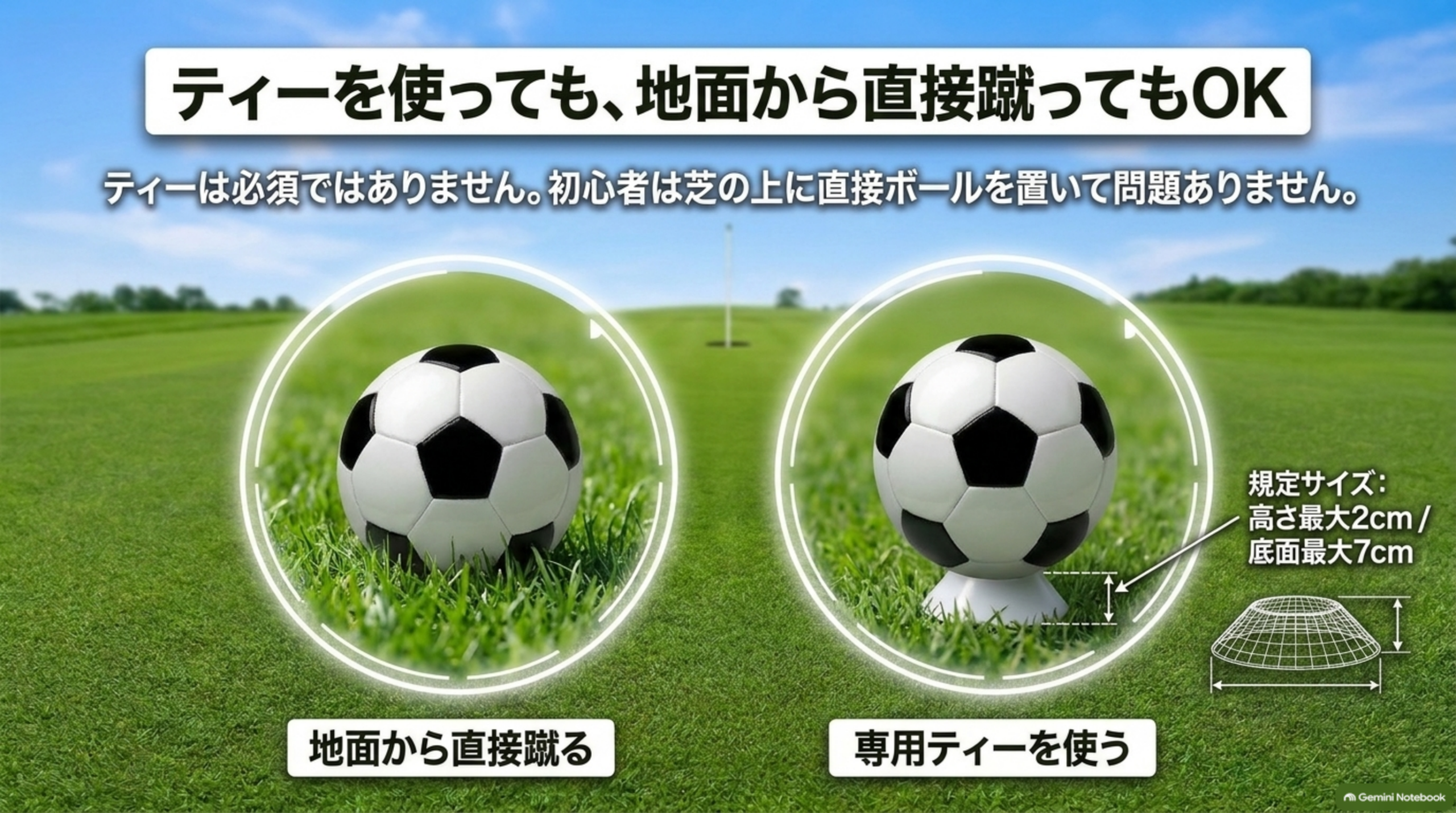 地面から直接蹴る方法と、規定サイズの専用ティーを使う方法の比較。ティーは必須ではない