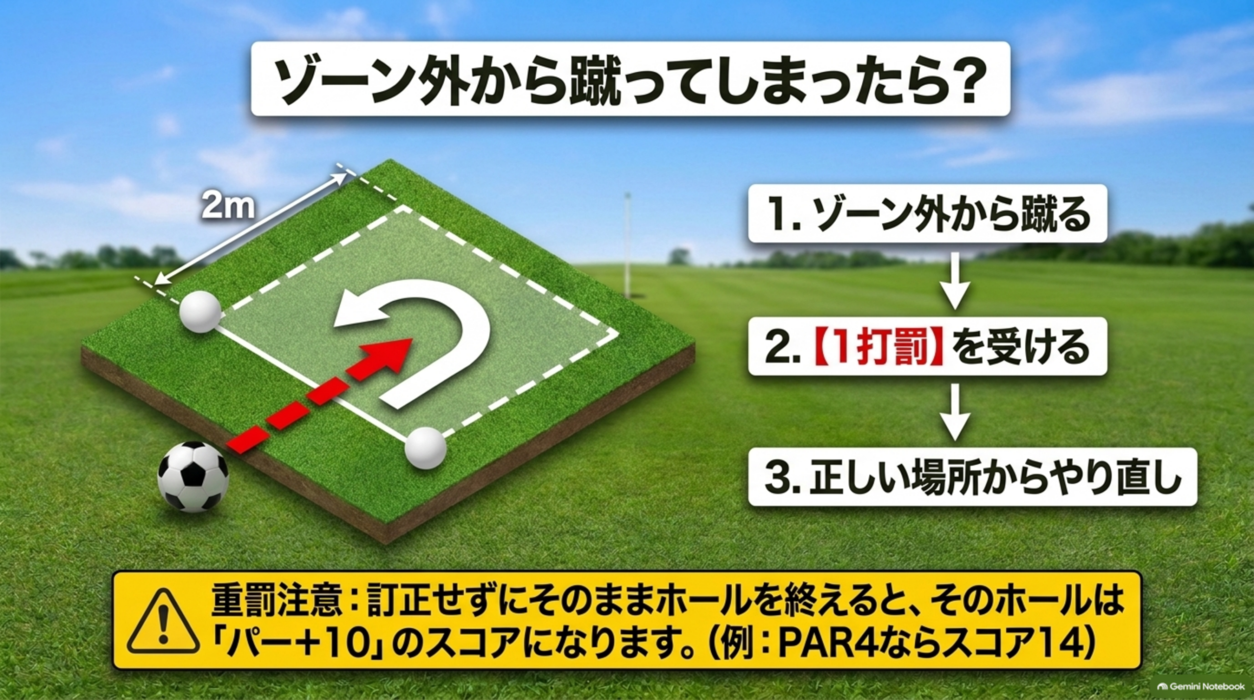 ゾーン外から蹴ってしまったら、1打罰を受けて正しい場所からやり直し。訂正せずにホールを終えるとパー＋10