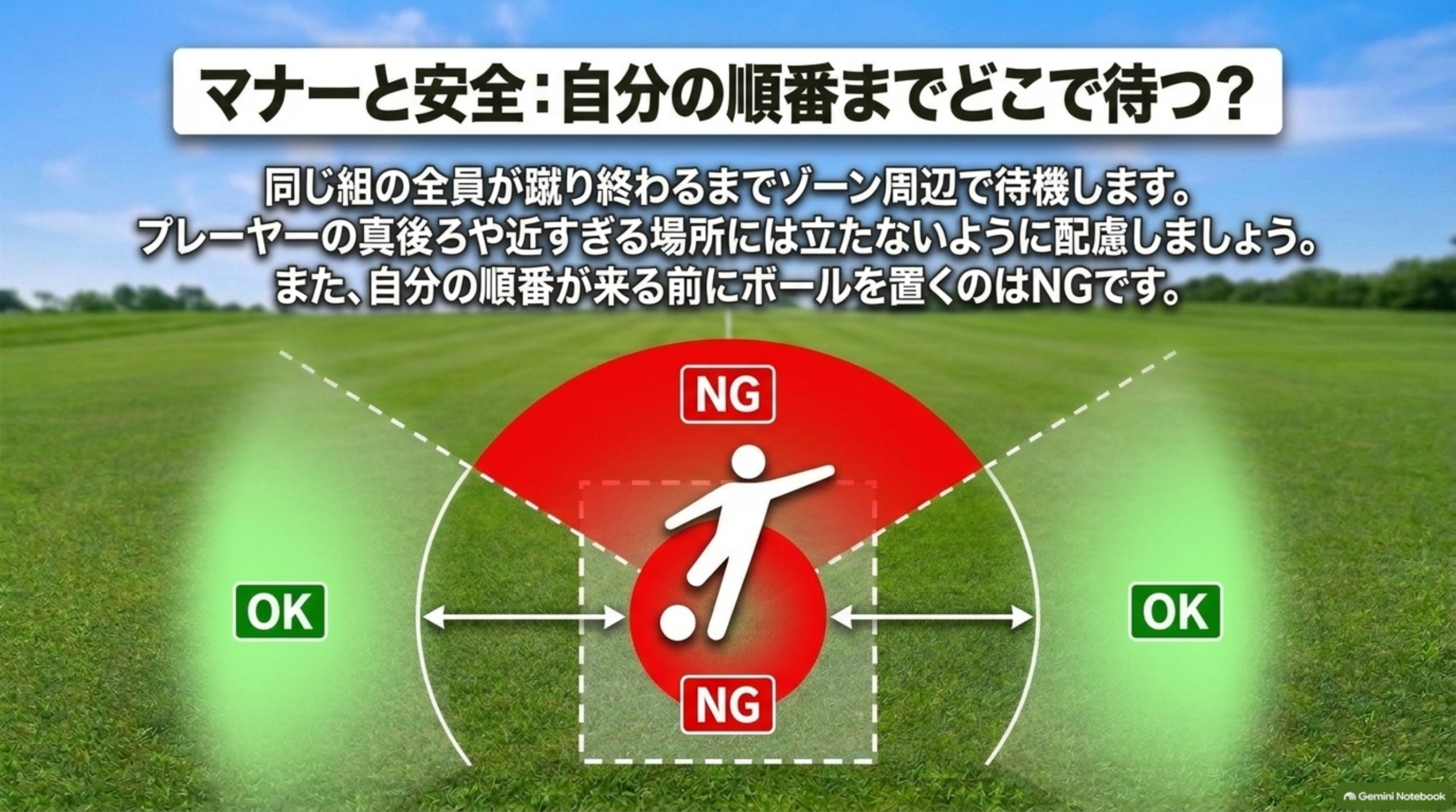 自分の順番まで待つ場所：キッカーの真後ろや近すぎる場所はNG、横の離れた場所で待つのがOK