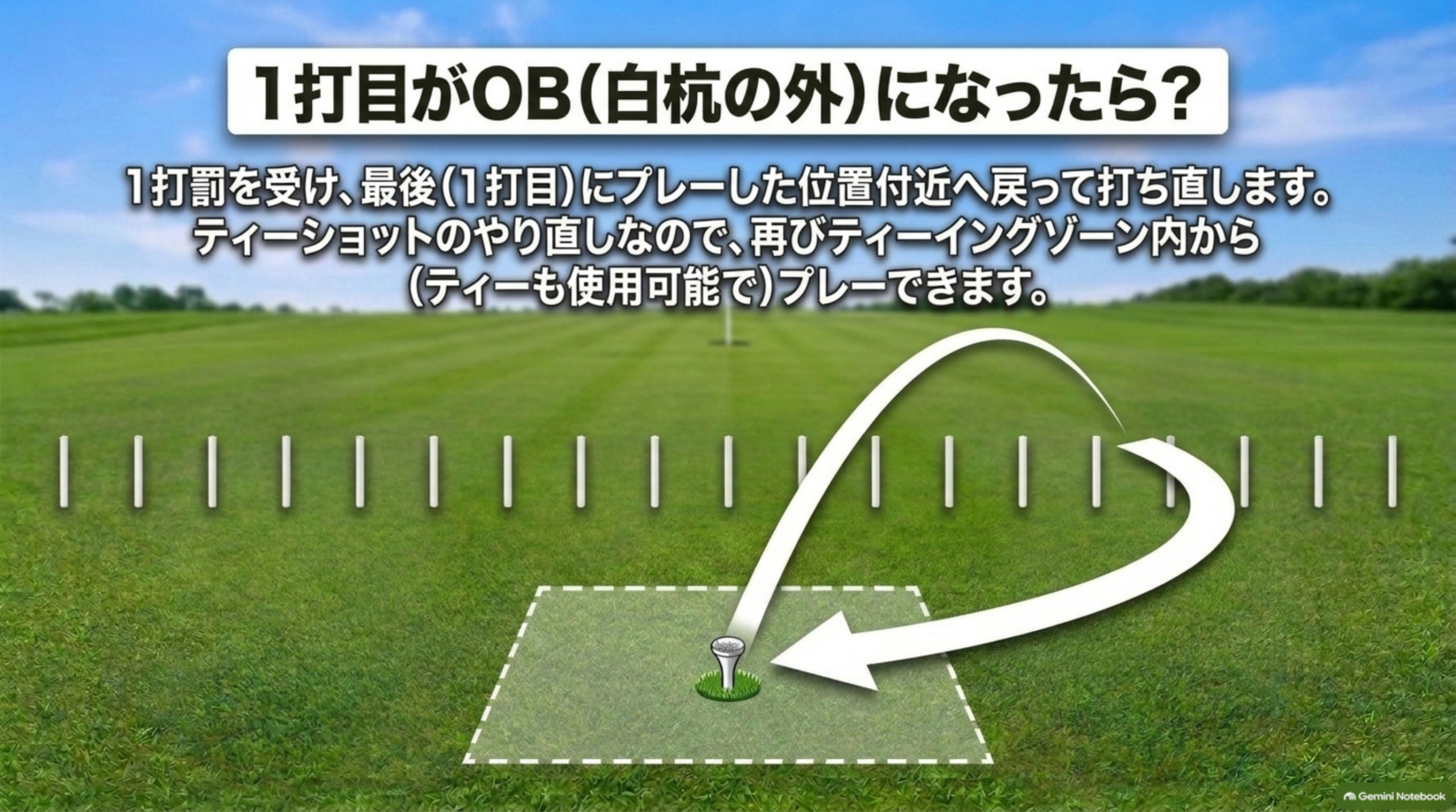 1打目がOB（白杭の外）になった場合、1打罰を受けてティーイングゾーン内から打ち直す。ティーも使用可能