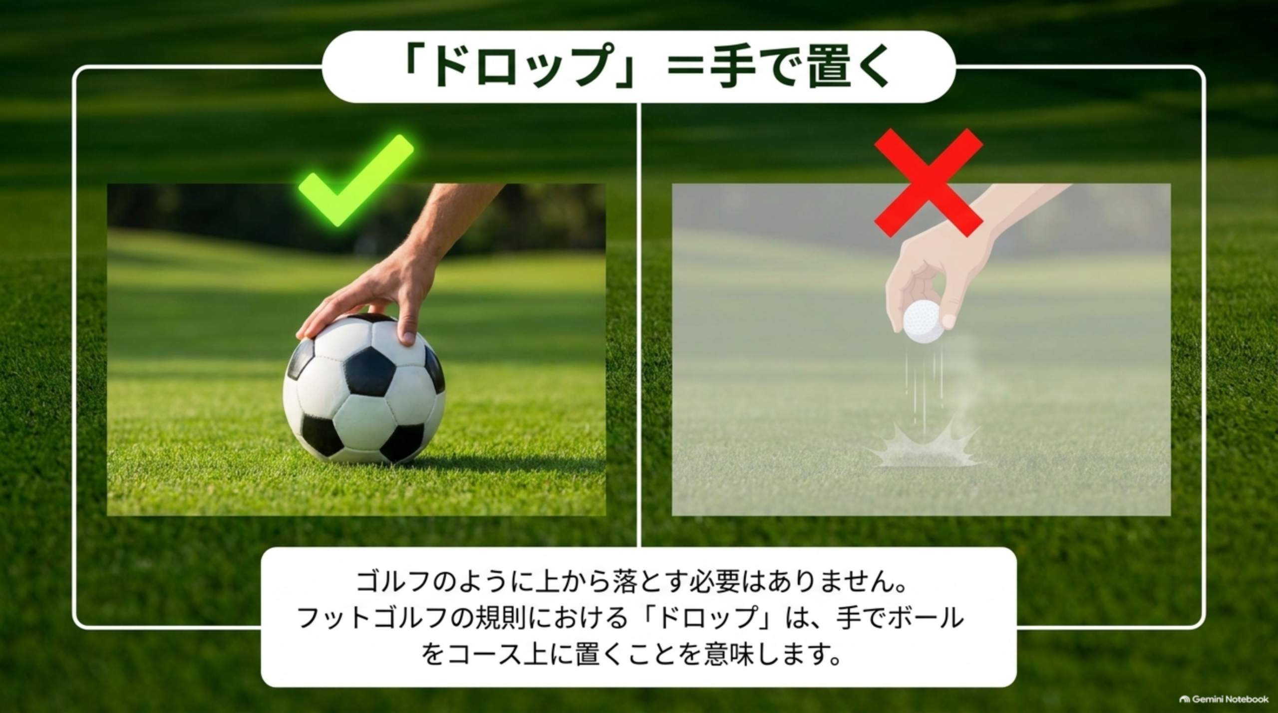 フットゴルフのドロップは手でボールをコース上に置くこと。ゴルフのように上から落とす必要はない