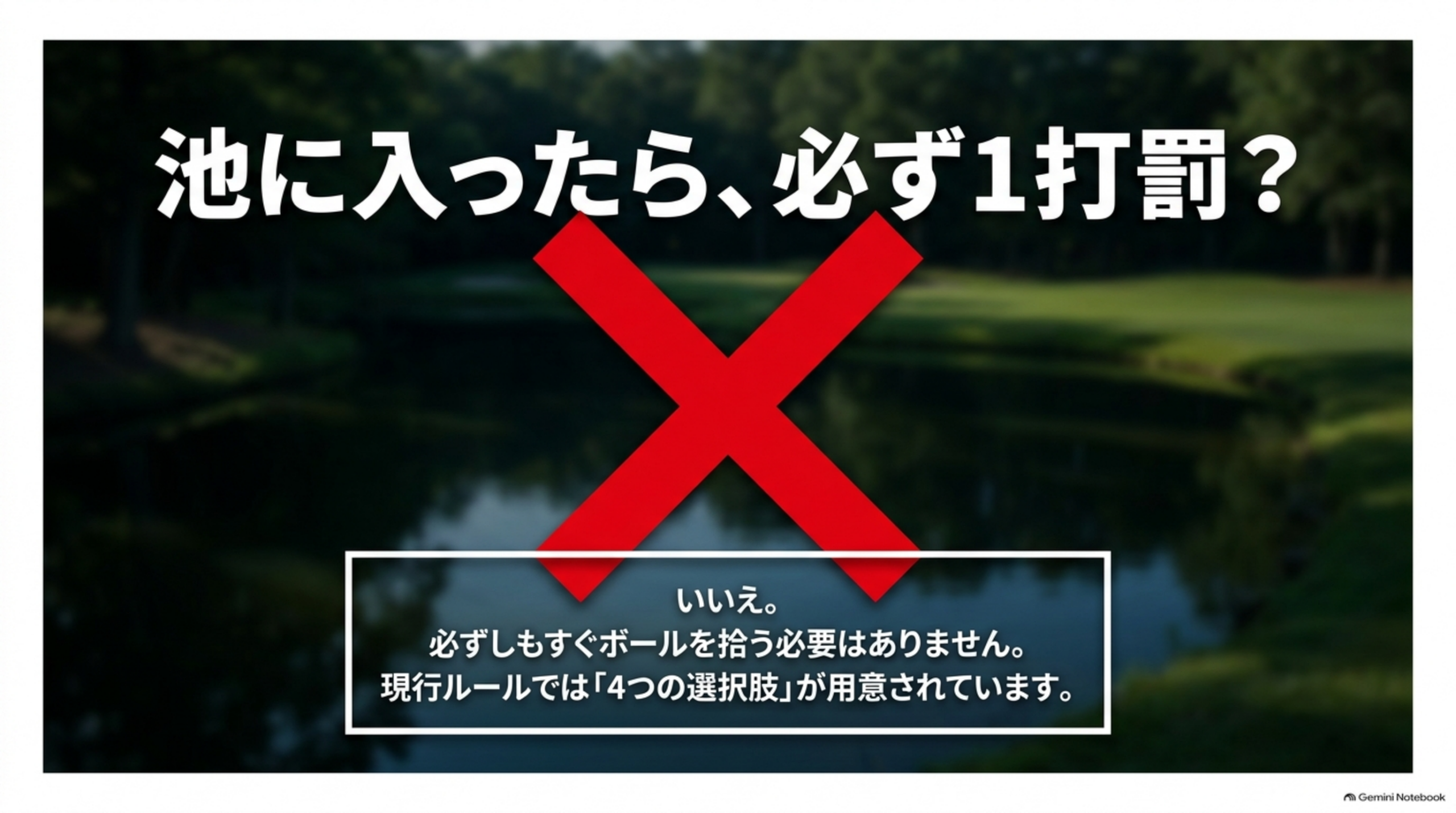 池に入ったら必ず1打罰？いいえ。必ずしもすぐボールを拾う必要はなく、現行ルールでは4つの選択肢がある