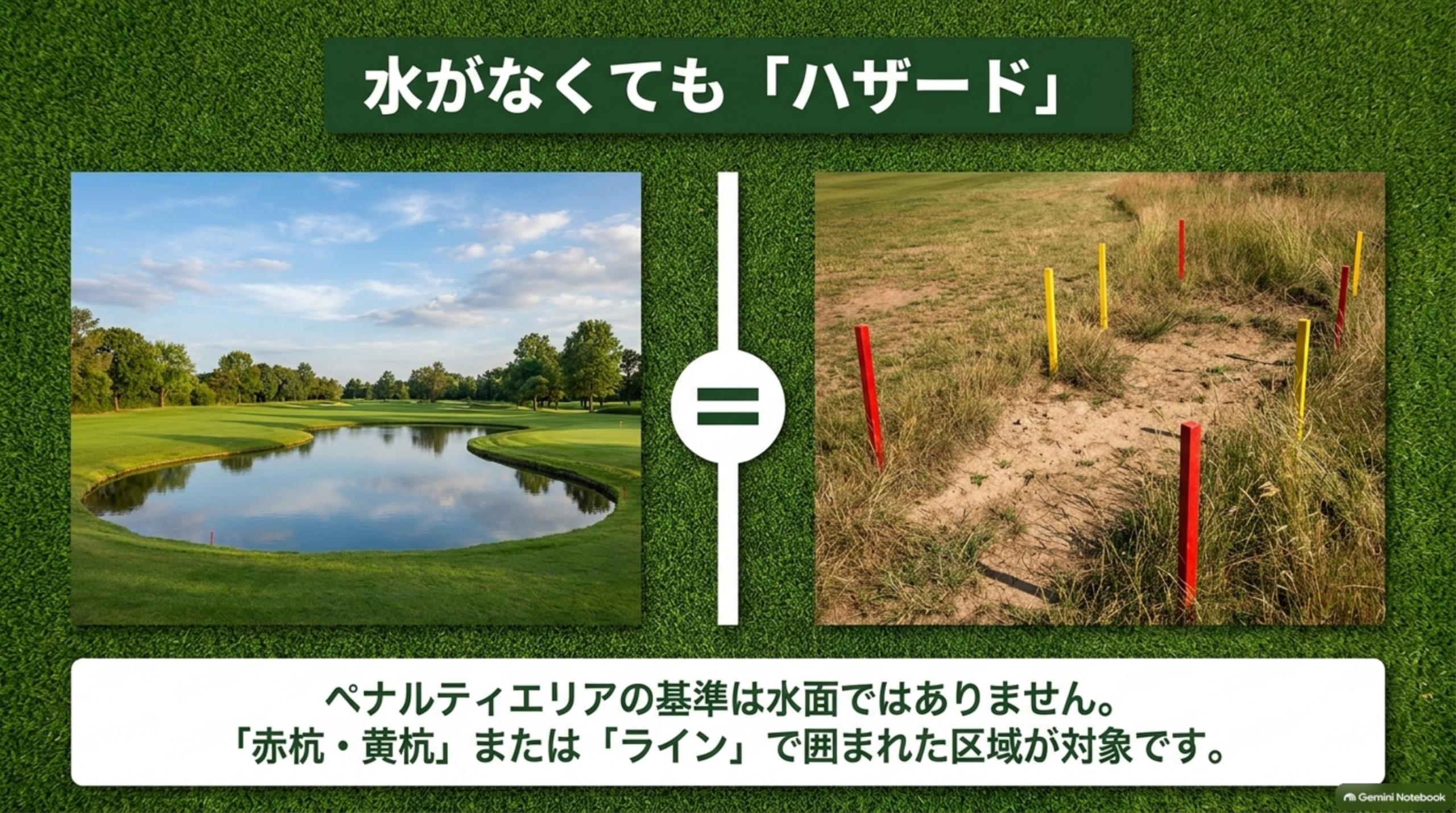 水がなくてもハザード：池と、赤杭・黄杭で囲まれた荒れ地はどちらもペナルティエリアになりうる