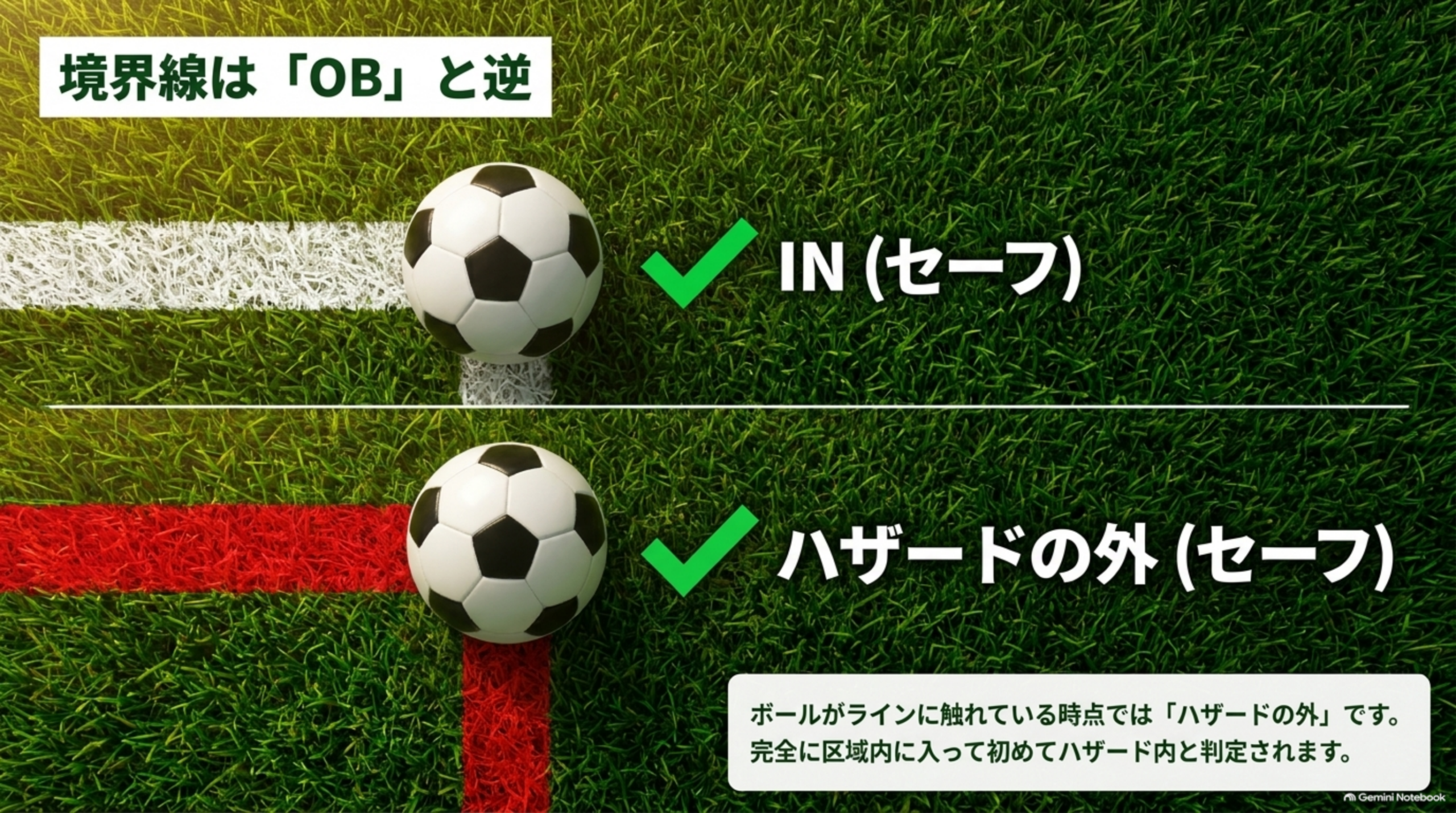 境界線はOBと逆：白線に触れたボールはIN、赤ラインに触れたボールはハザードの外