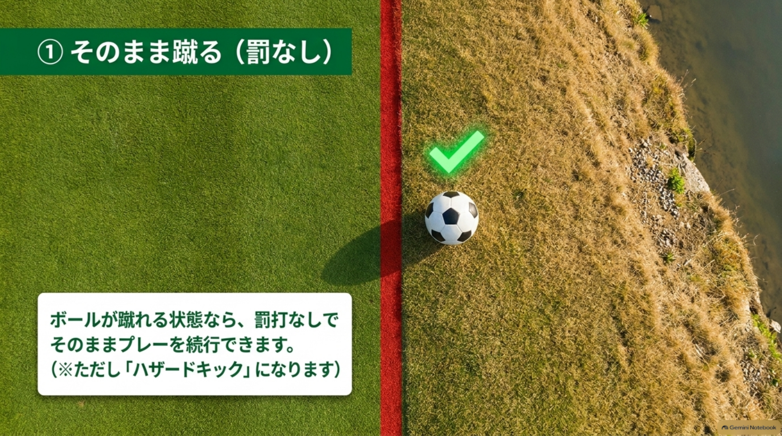 選択肢①そのまま蹴る（罰なし）：赤ラインの内側でもボールが蹴れる状態なら、ハザードキックでそのままプレーできる