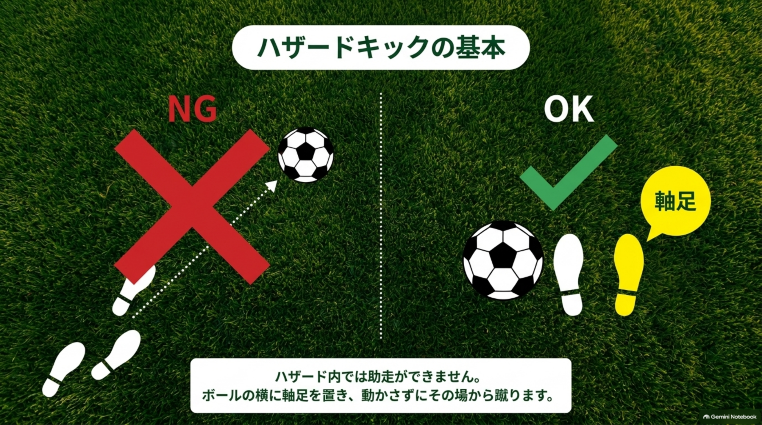 ハザードキックの基本：助走はNG。ボールの横に軸足を置き、動かさずにその場から蹴る