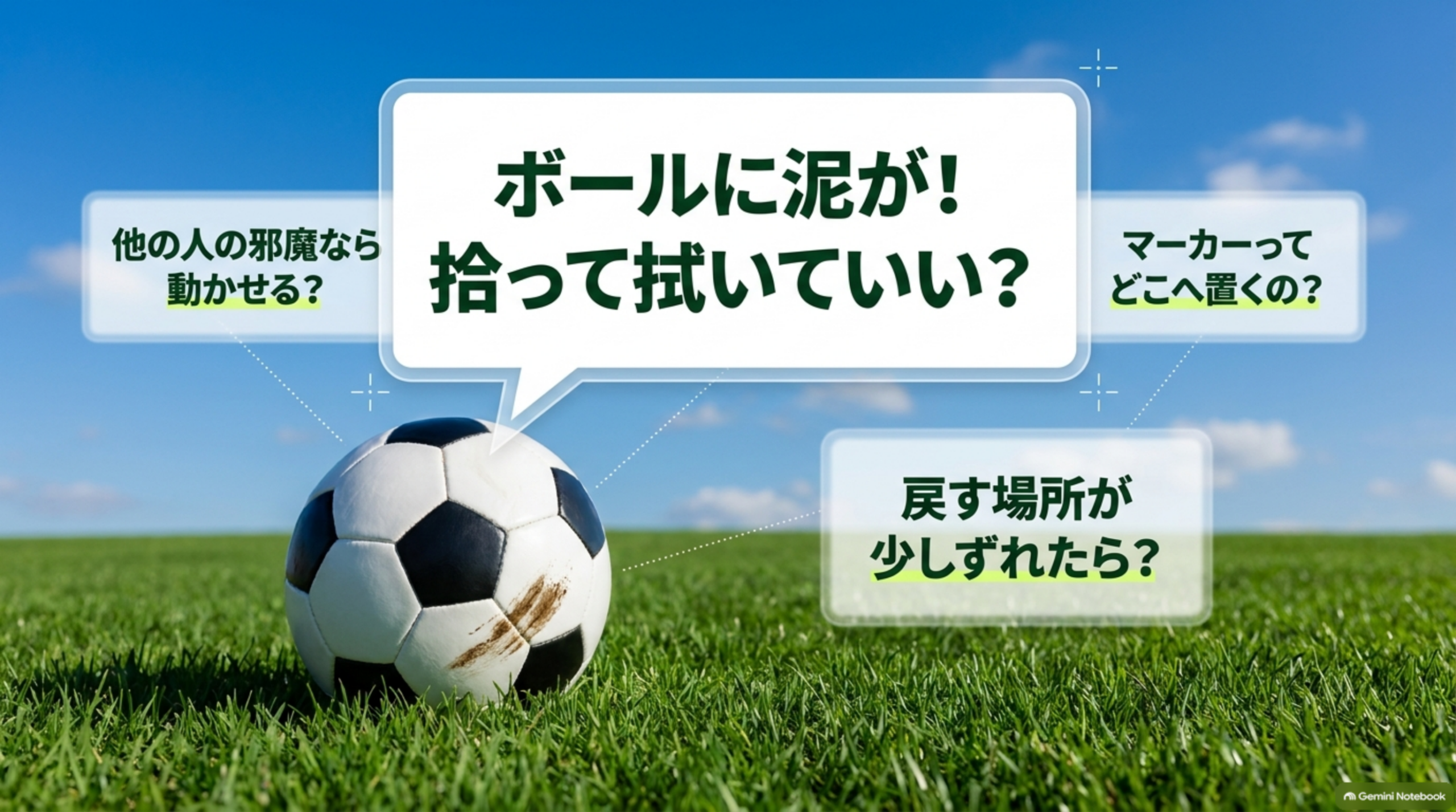 泥がついたサッカーボールと「拾って拭いていい？」「マーカーってどこへ置くの？」などの疑問