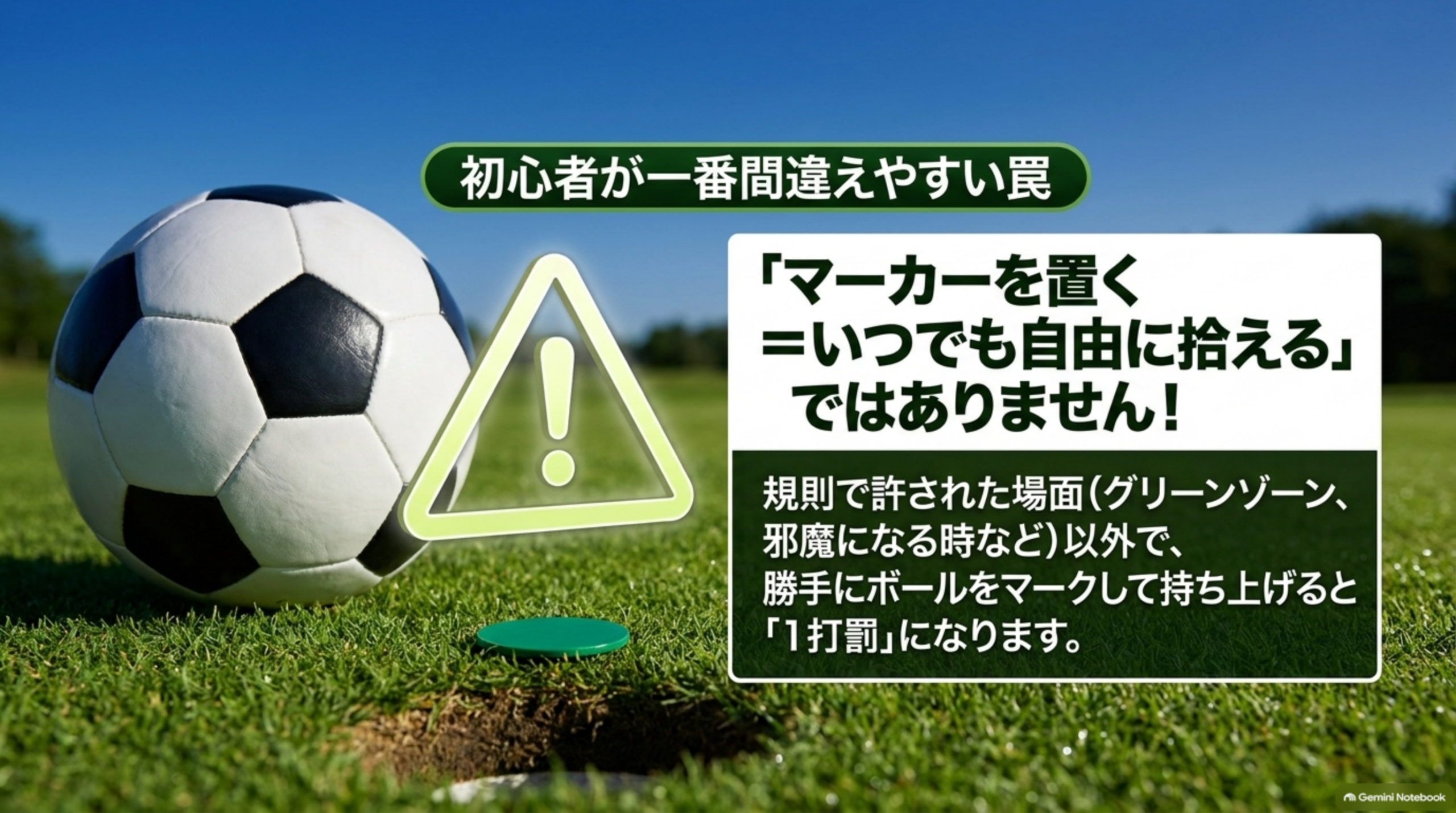 初心者が間違えやすい罠：マーカーを置く＝いつでも自由に拾えるではない。許された場面以外でマークして持ち上げると1打罰