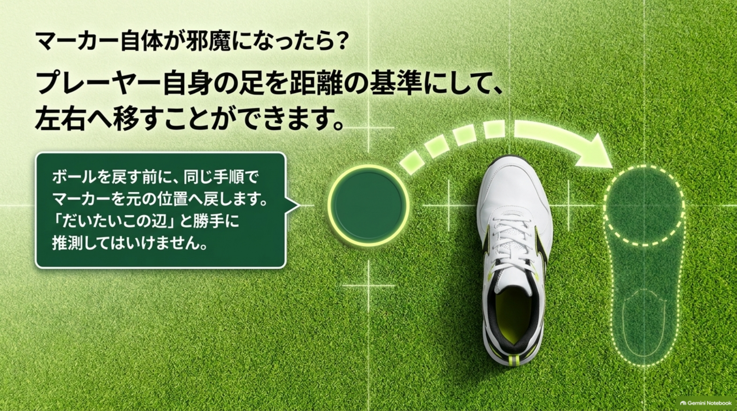 マーカー自体が邪魔な場合は、プレーヤー自身の足を距離の基準にして左右へ移し、ボールを戻す前に同じ手順でマーカーを元の位置へ戻す