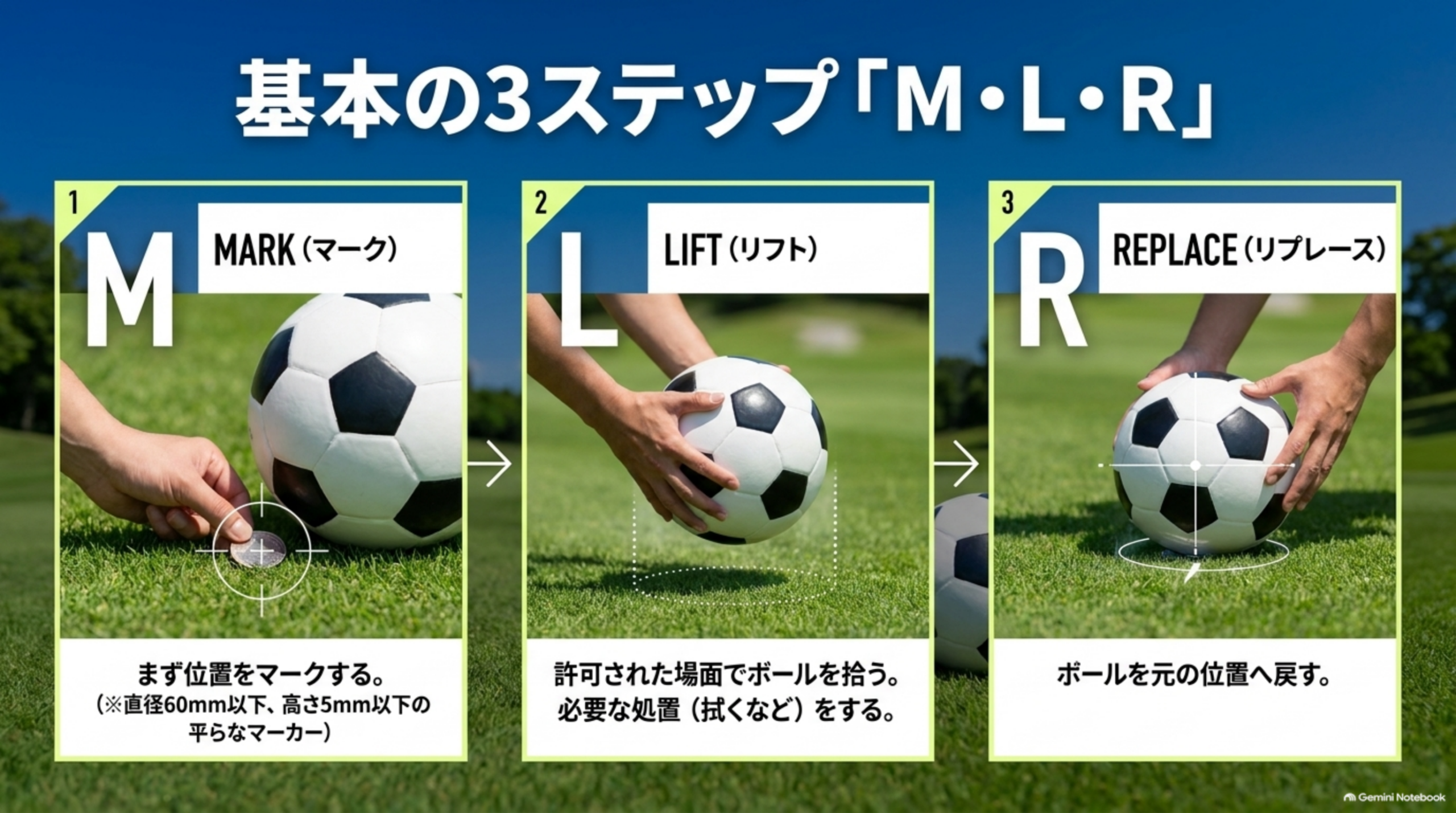 基本の3ステップM・L・R：MARKで位置をマーク、LIFTで許可された場面でボールを拾う、REPLACEで元の位置へ戻す