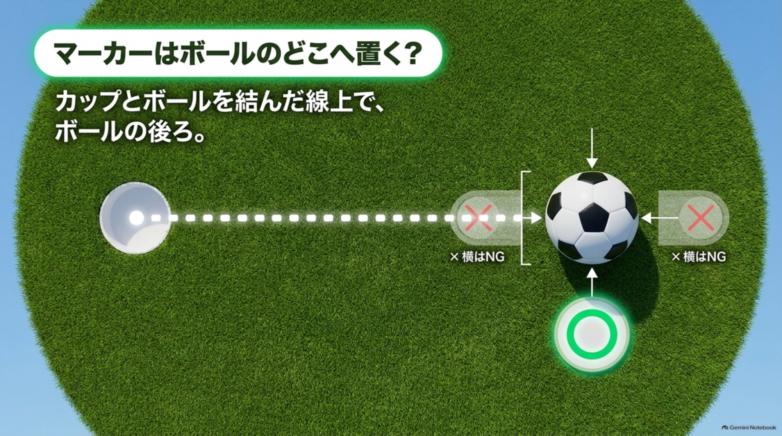 マーカーはカップとボールを結んだ線上でボールの後ろに置く。ボールの横はNG