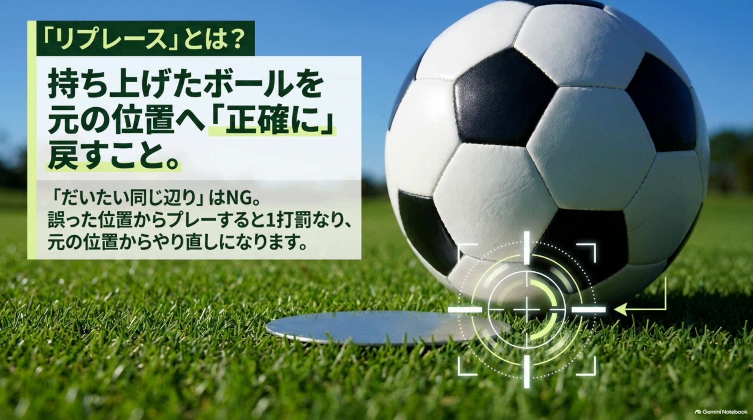 リプレースとは持ち上げたボールを元の位置へ正確に戻すこと。だいたい同じ辺りはNG