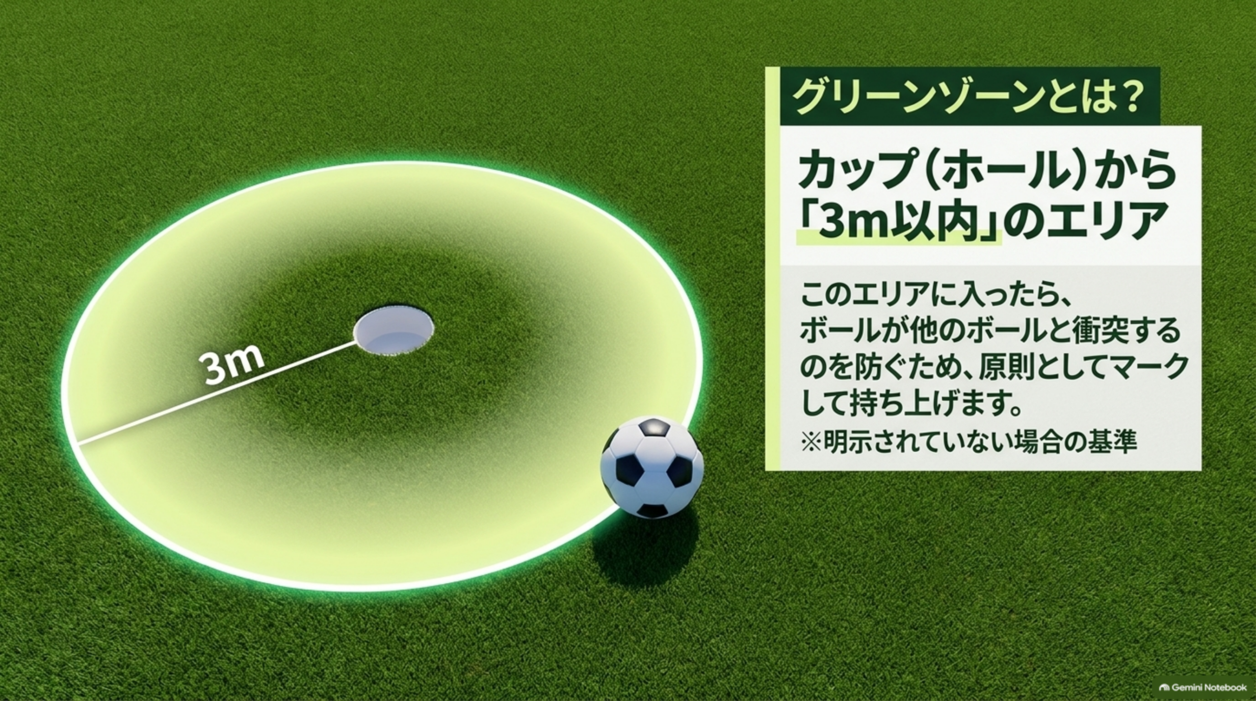 グリーンゾーンはカップから3m以内のエリア（明示されていない場合の基準）。このエリアに入ったら原則マークして持ち上げる