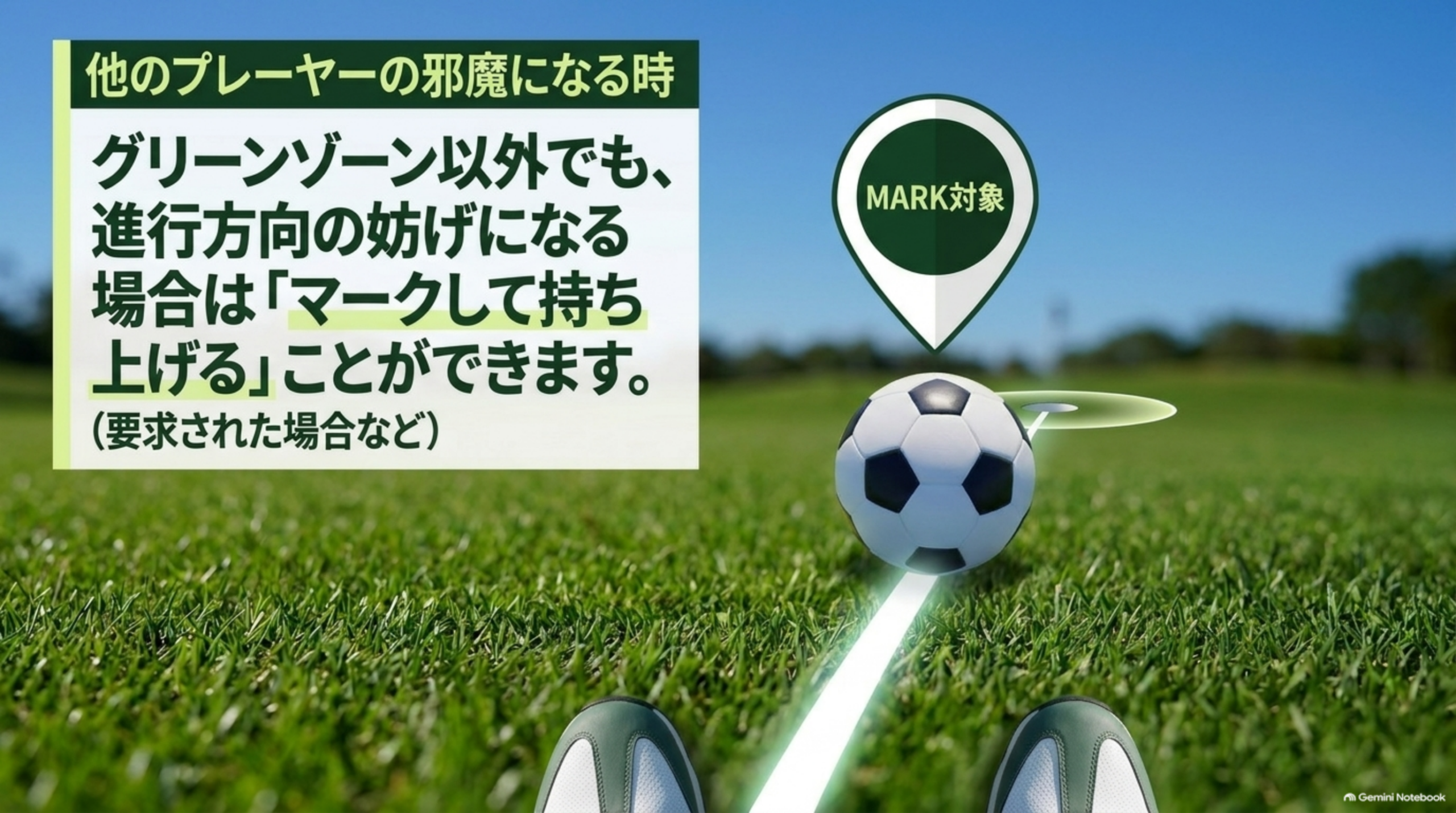 グリーンゾーン以外でも、他のプレーヤーの進行方向の妨げになる場合は要求に応じてマークして持ち上げられる