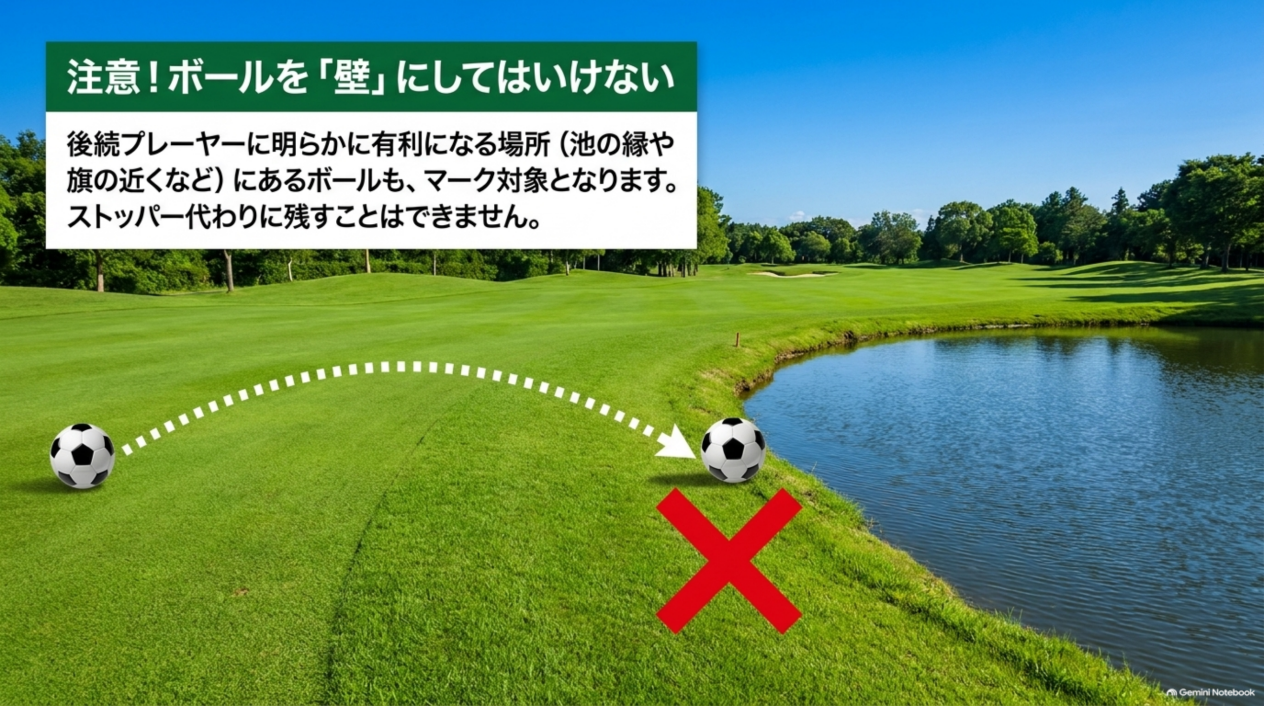 池の縁など後続プレーヤーに明らかに有利になる場所にあるボールはマーク対象。ストッパー代わりに残すことはできない