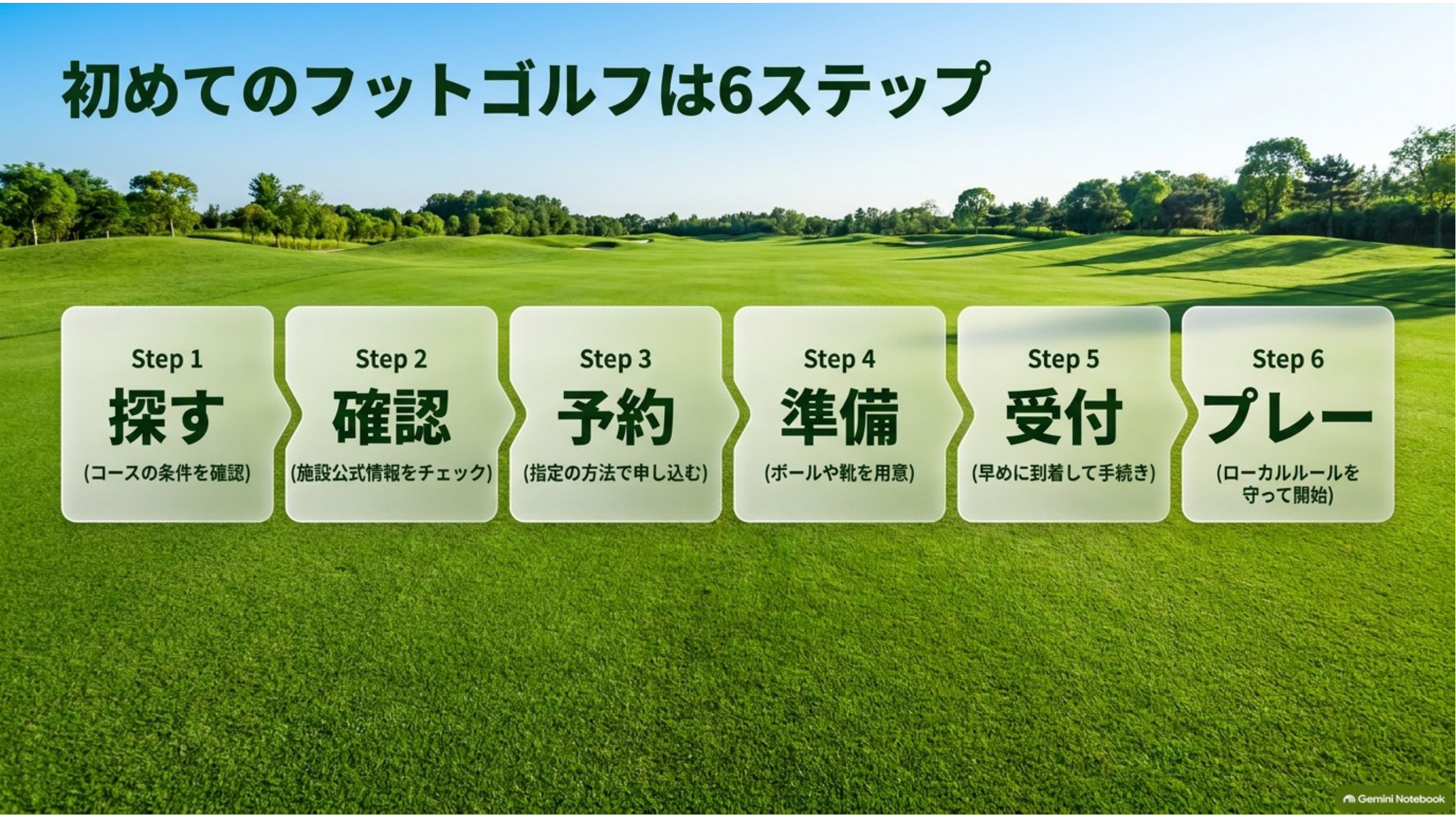 初めてのフットゴルフは6ステップ：探す・確認・予約・準備・受付・プレーの流れを示す図