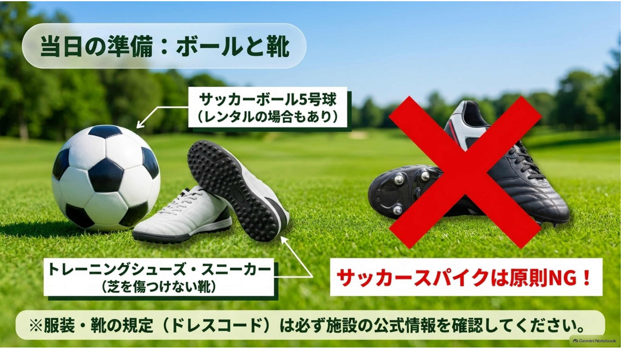 フットゴルフ当日の準備：サッカーボール5号球とトレーニングシューズ、サッカースパイクは禁止であることを示す図