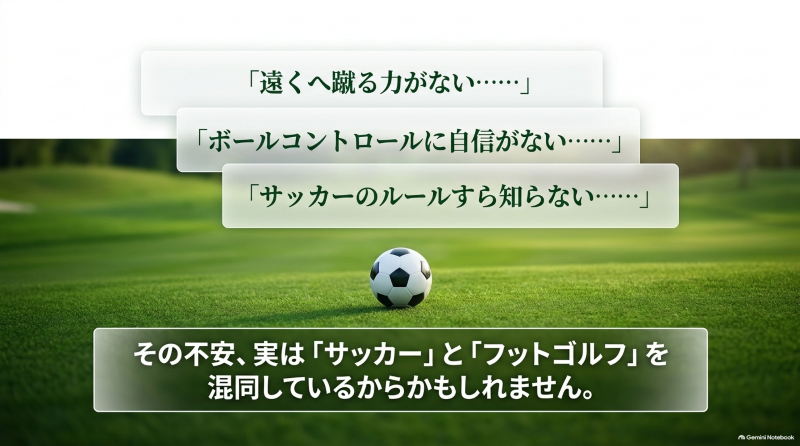 遠くへ蹴る力がない、ボールコントロールに自信がない、サッカーのルールすら知らないという3つの不安と、サッカーとフットゴルフを混同しているだけかもしれないというメッセージ