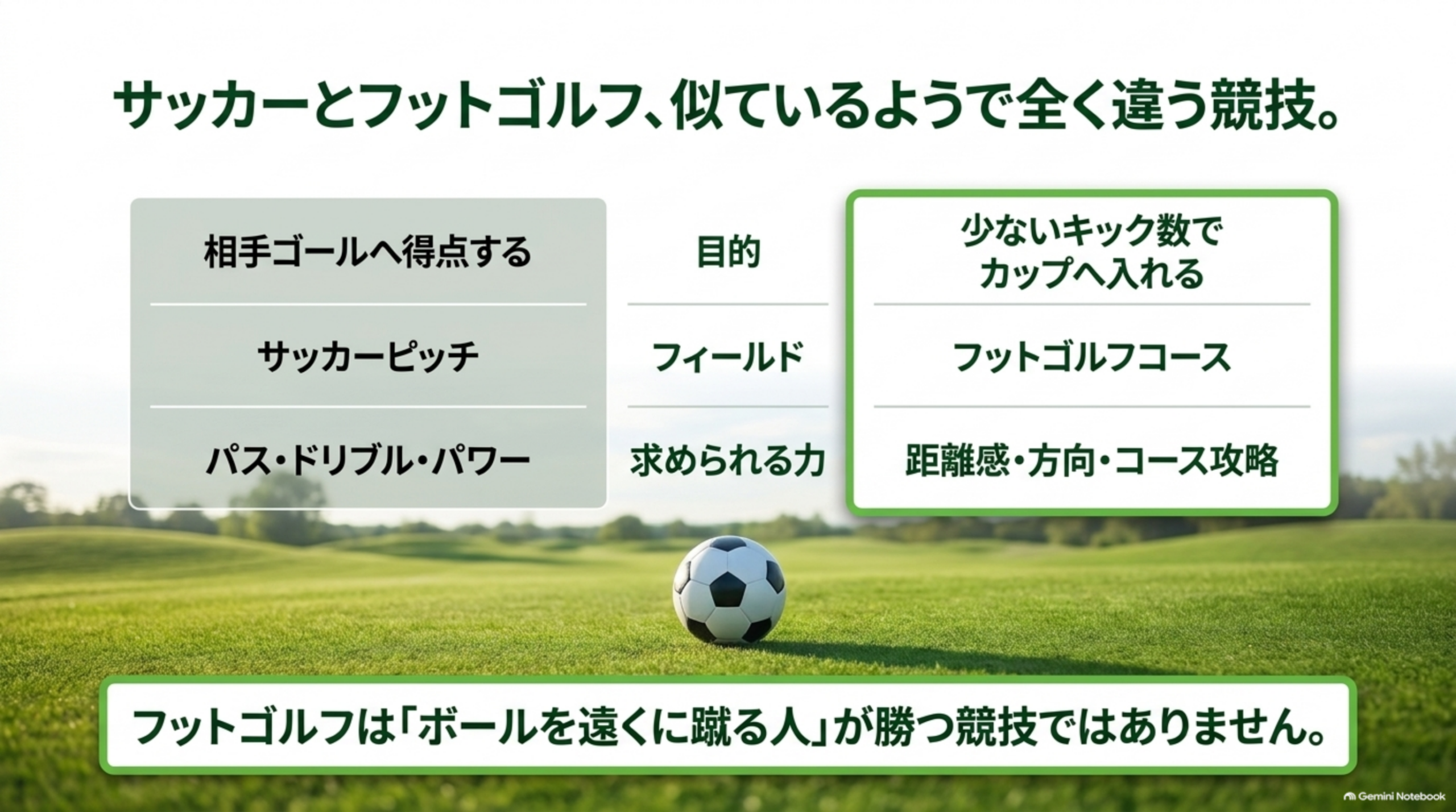 サッカーとフットゴルフの目的・フィールド・求められる力を比較した表のスライド画像