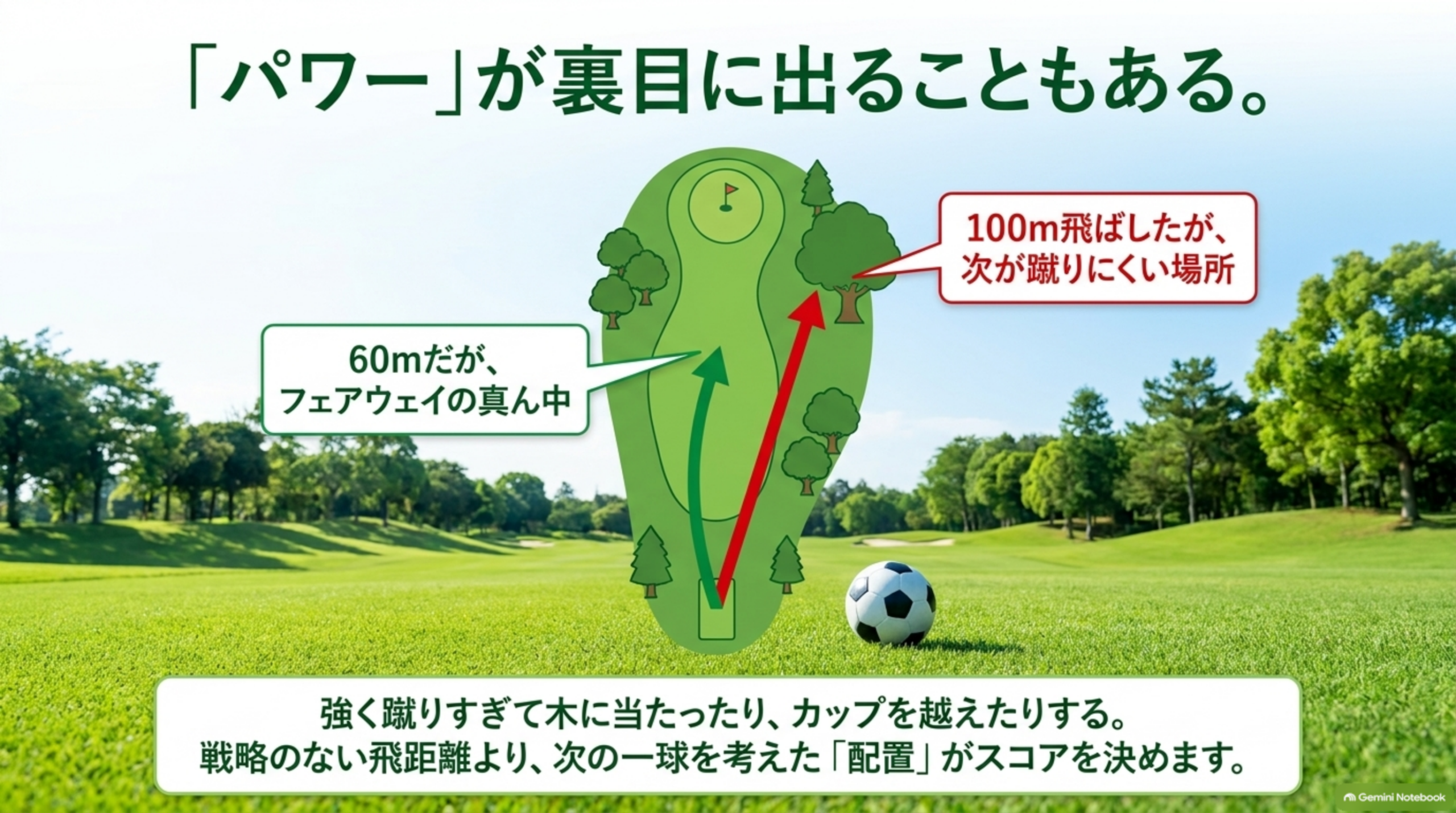 60mでフェアウェイの真ん中に置いたボールと、100m飛ばしたが次が蹴りにくい木の近くに止まったボールを比較する図解
