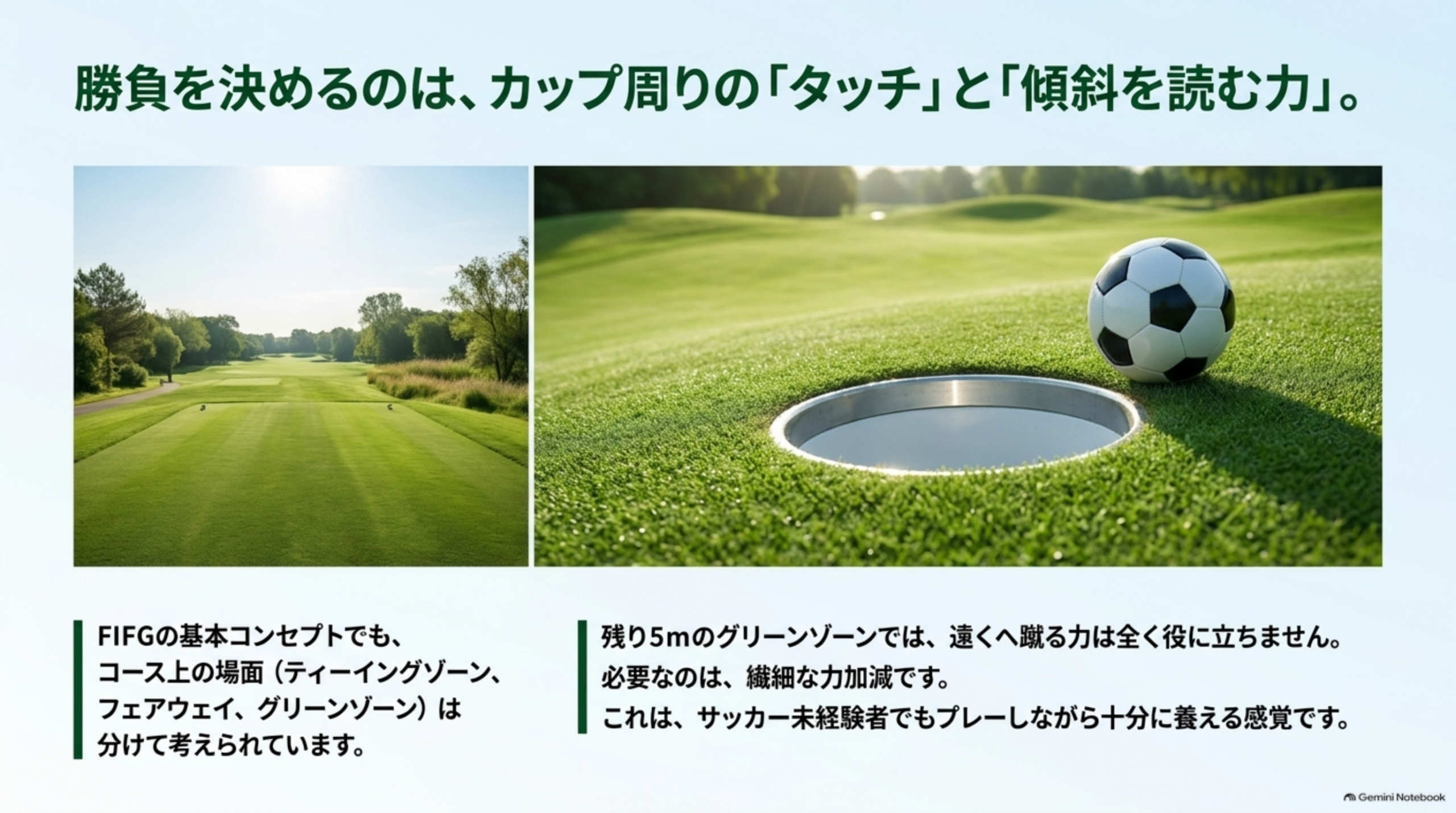 ティーイングゾーンからフェアウェイを見渡す景色と、サッカーボールが芝生のカップのすぐそばにある様子を並べた画像