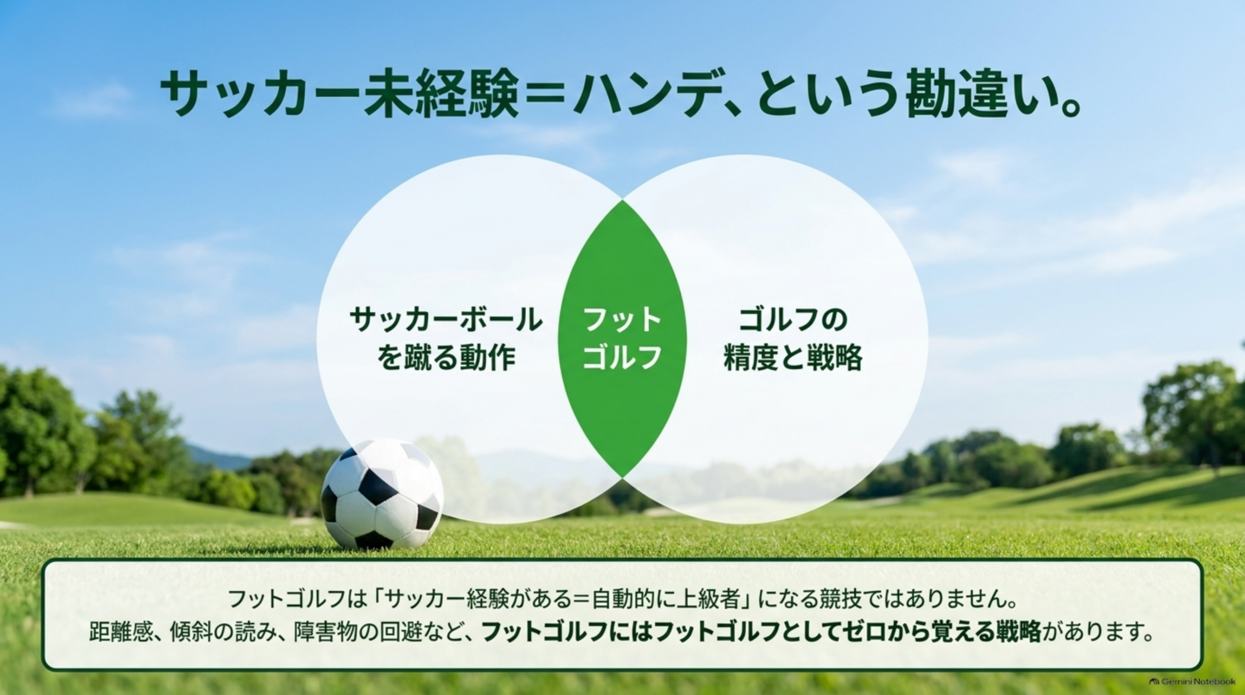 サッカー未経験＝ハンデという勘違いを示すベン図。サッカーボールを蹴る動作とゴルフの精度と戦略が重なる部分にフットゴルフがあることを表現