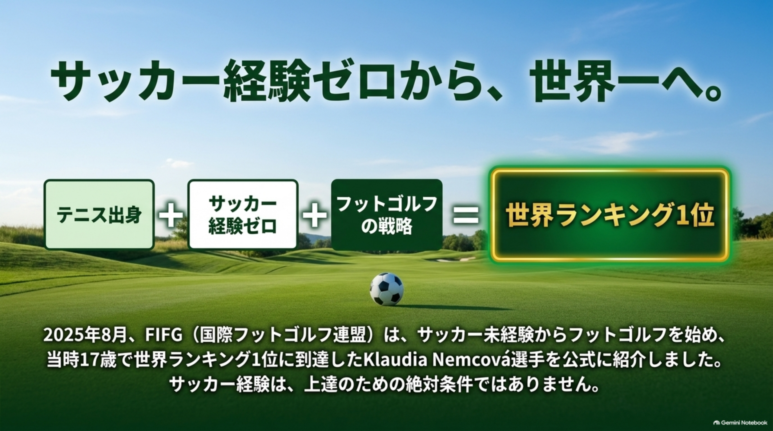 テニス出身、サッカー経験ゼロ、フットゴルフの戦略が組み合わさって世界ランキング1位になったことを示す図解