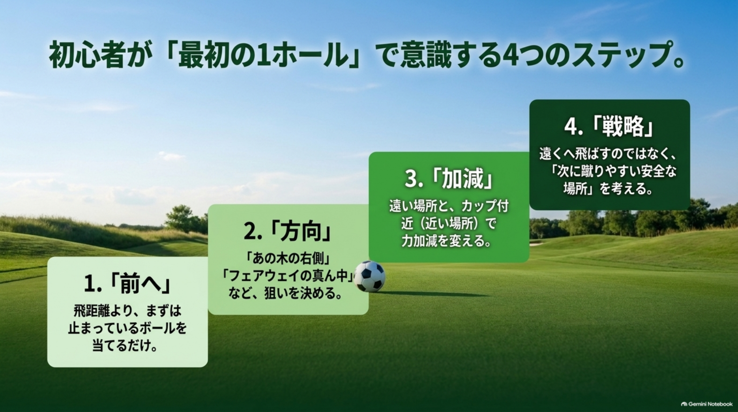 初心者が最初の1ホールで意識する4つのステップ。前へ、方向、加減、戦略の順に並んだ図解