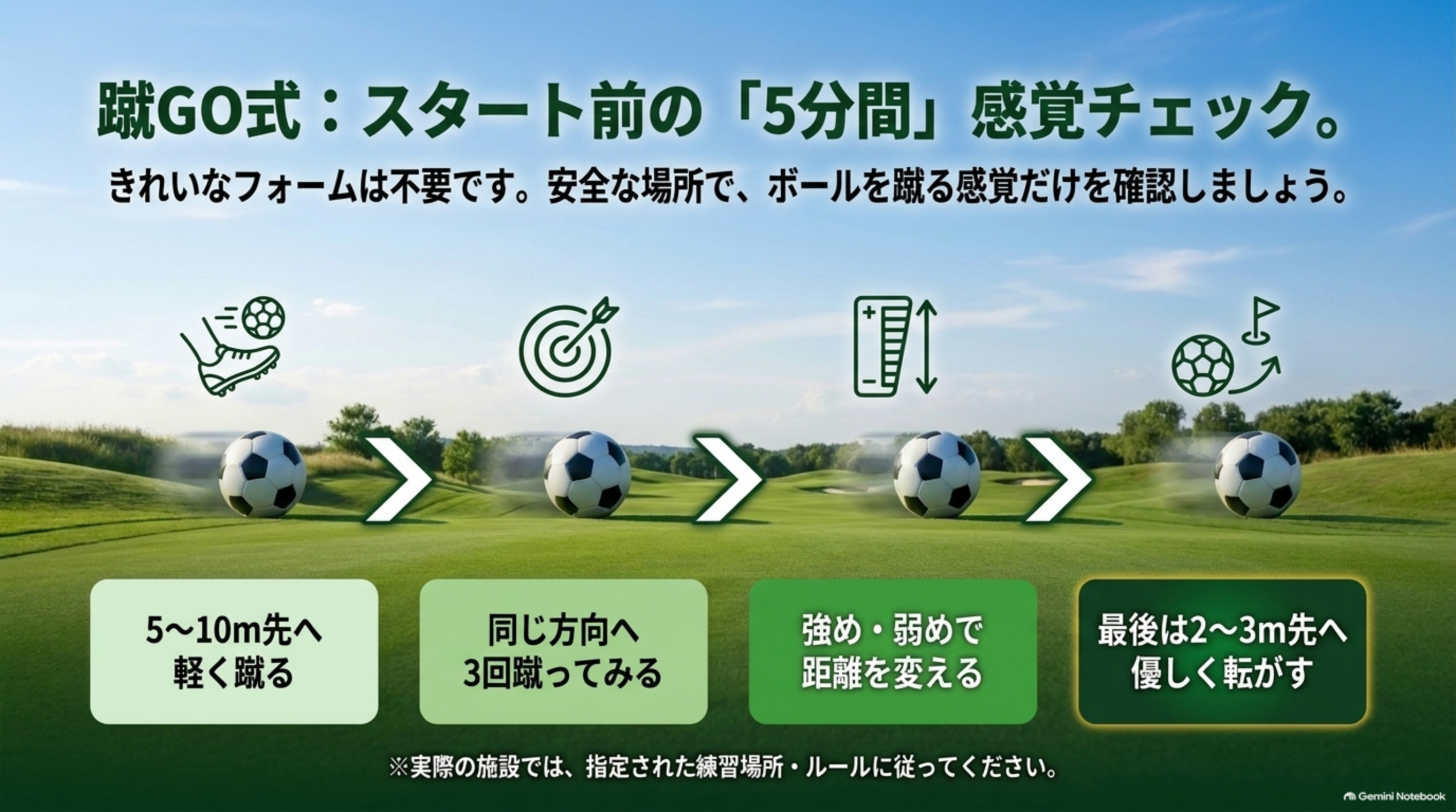 蹴GO式スタート前5分間感覚チェックの4ステップ。軽く蹴る、同じ方向へ3回、強め弱めで距離を変える、最後は優しく転がす