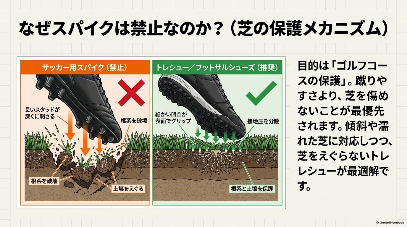 長いスタッドが芝の根系をえぐるサッカースパイクと、接地圧を分散して芝を守るトレーニングシューズの断面比較図