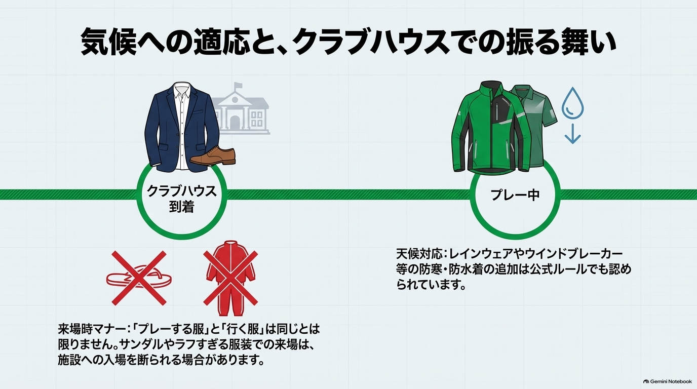 クラブハウス到着時の来場マナーと、プレー中の天候対応ウェアの違いを示す図