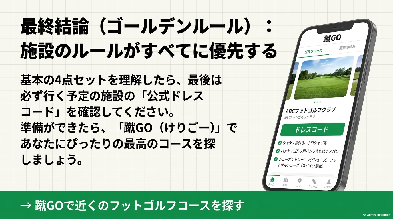 スマートフォンで施設の公式ドレスコードを確認し、蹴GOで近くのフットゴルフコースを探す様子のバナー画像