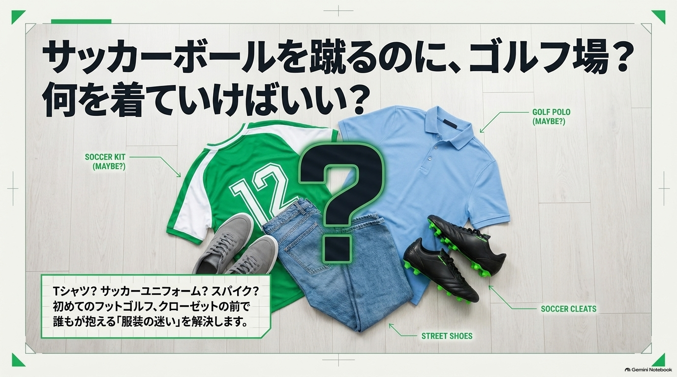 サッカーユニフォーム、ゴルフポロシャツ、ジーンズ、スニーカー、サッカースパイクが並び、何を着ればいいか迷っている様子の画像