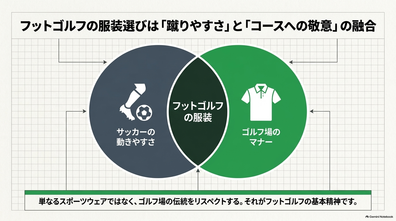 フットゴルフの服装選びは、サッカーの動きやすさとゴルフ場のマナーが重なる部分であることを示すベン図