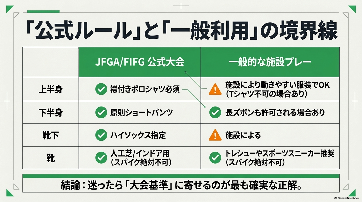 JFGA・FIFG公式大会と一般的な施設プレーで、上半身・下半身・靴下・靴の条件がどう違うかを比較した表の画像
