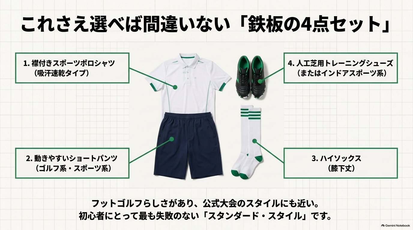 襟付きスポーツポロシャツ、ショートパンツ、ハイソックス、人工芝用トレーニングシューズという初心者向け4点セットの図