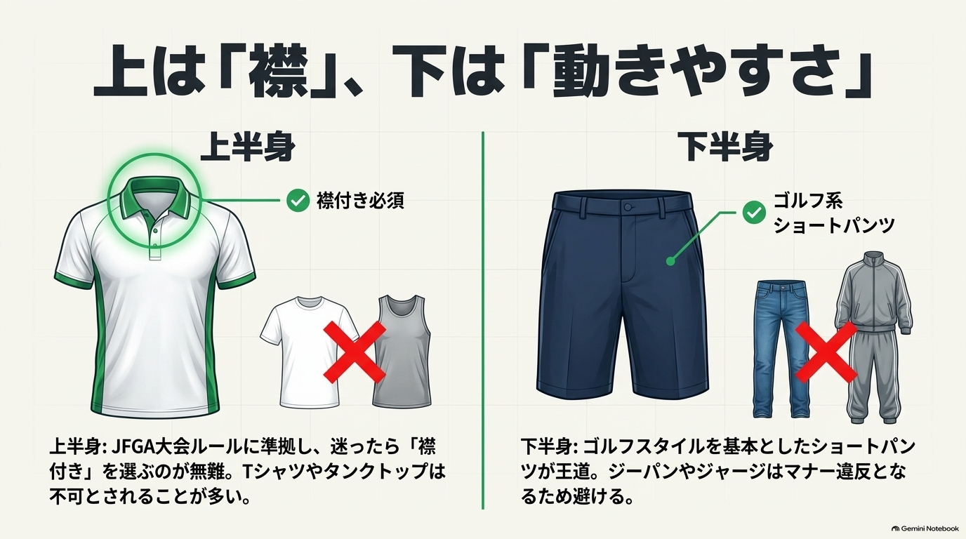 上半身は襟付きシャツ、下半身はゴルフ系ショートパンツが基本で、Tシャツ・タンクトップ・ジーパン・ジャージは避けるという比較図