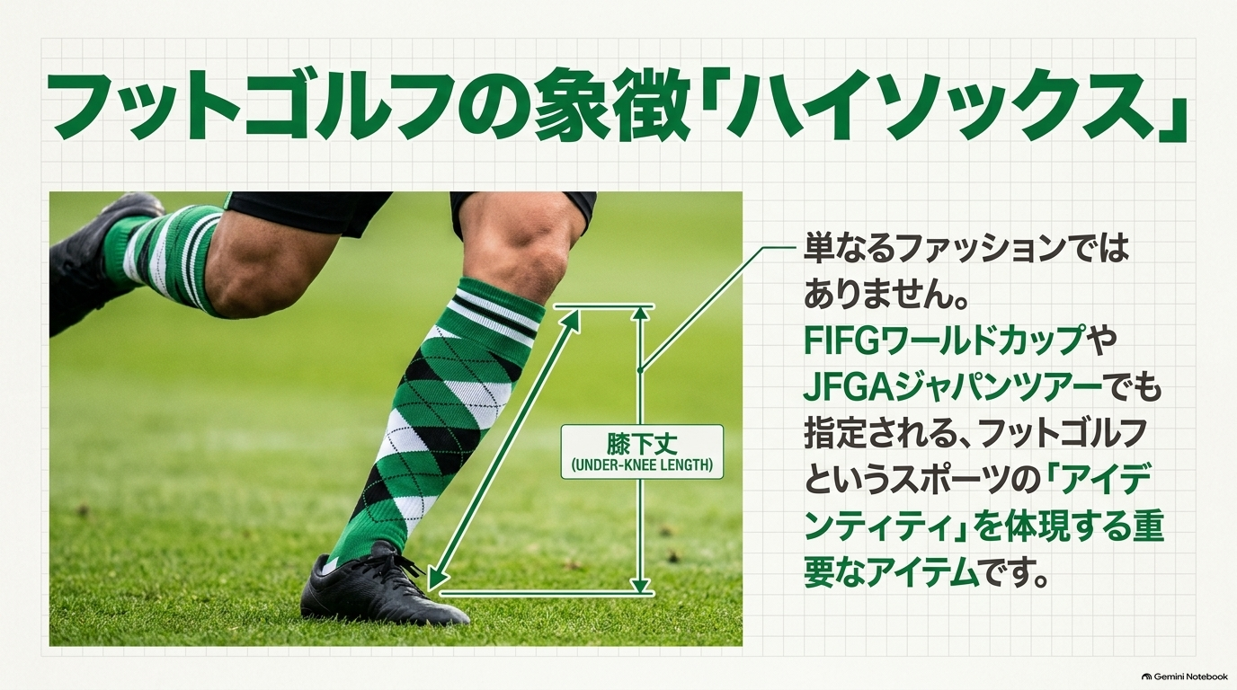 膝下丈のハイソックスを履いてボールを蹴る選手の脚。ハイソックスはFIFGやJFGAの大会でも指定されるアイテムであることを示す図
